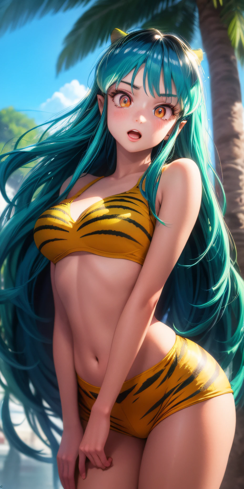 lum invader, detailed, realitsa, (bikini:.8), yellow clothes, short clothes, masterpiece, best quality, hiring, open mouth, prey, ultra-detailed, multicolored eyes, beautiful eyes, detailed face, beautiful girl, big chest, blushing, (crawling:.8) looking back, (tiger stripes: 1.2)