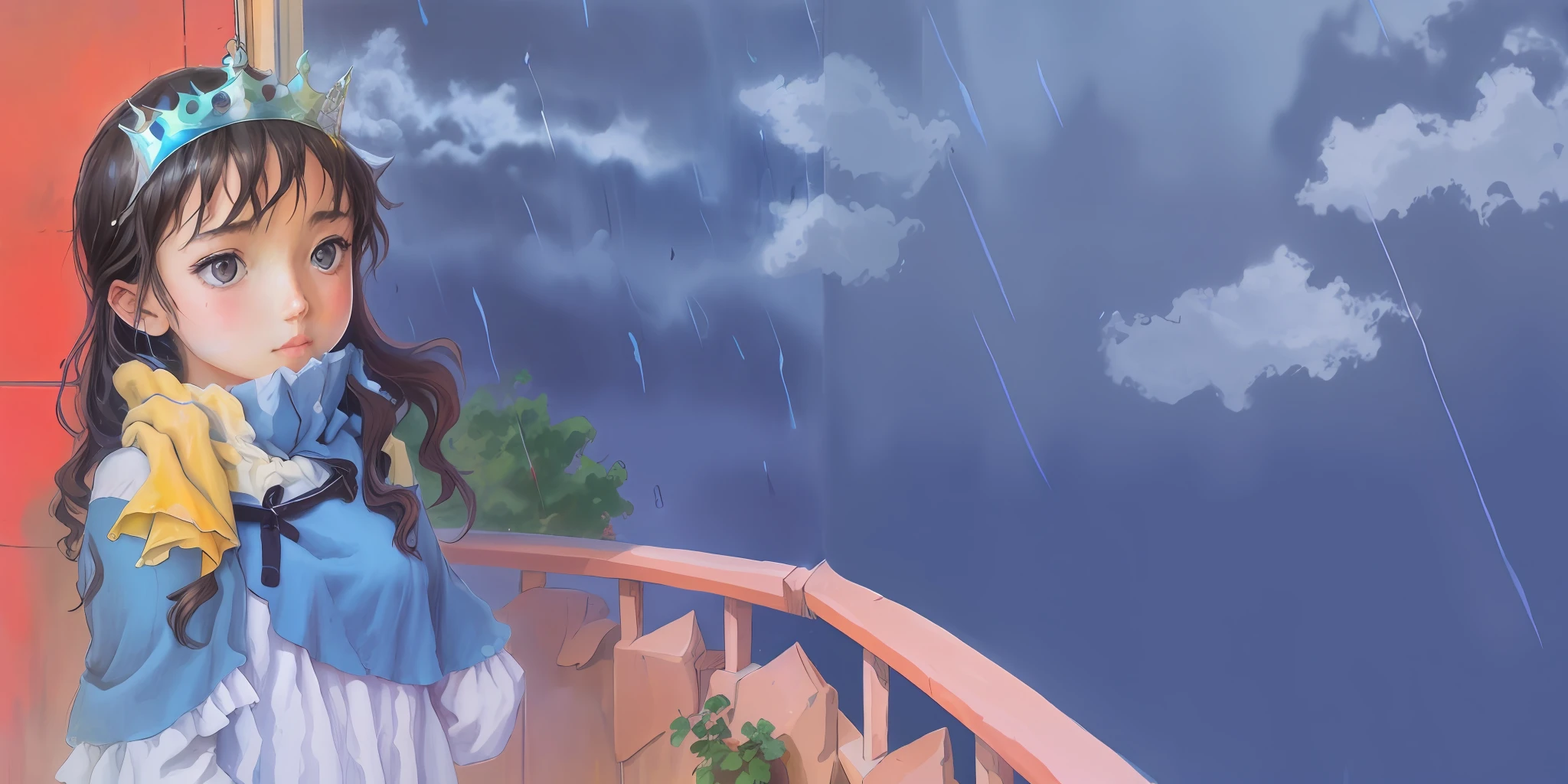 Anime girl holding a yellow handkerchief on balcony, blurry and dreamy illustration, rainy afternoon, dream illustration, rainy weather, when it rains, rainy outside, rainy day, mood painting, rainy day, cloudy day, rainy day outside, rainy day outside, rainy day outside window, rainy atmosphere, rainy mood, balcony scene. On a stormy night, there was a knock on the city gates. Curiously, the king opened the gates and found a soaked girl standing outside the city, claiming to be a princess