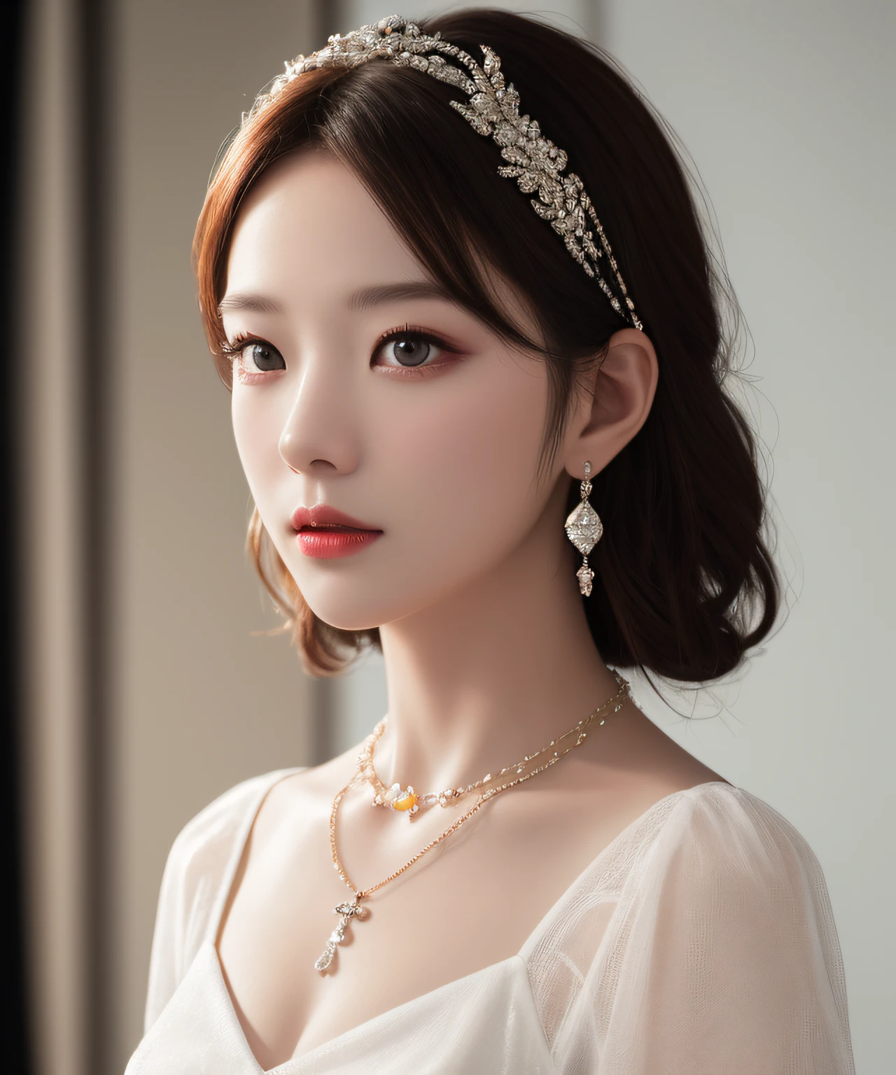 Best Quality, Masterpiece, High Resolution, 1girl, Porcelain Dress, Hair Accessories, Necklace, Jewelry, Pretty Face, On Body, Tyndall Effect, Realistic, Shadow Studio, Rim Lighting, Dual Tone Lighting, (High Detail Skins: 1.2), 8k UHD, dslr, soft light, high quality, volume light, sneak shot, photo, high resolution, 4k, 8k, background blur,