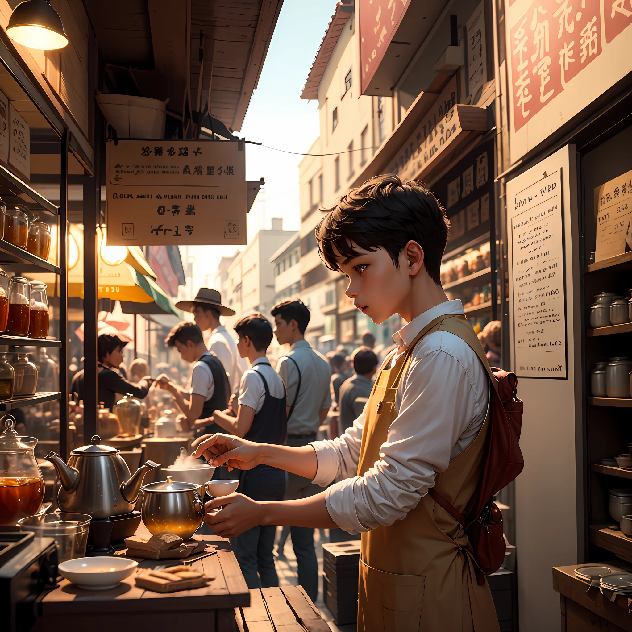 Realistic,uhd,8k"Imagine a bustling street scene with a young boy diligently working at a tea stall. The boy is focused and engaged as he prepares and serves tea to customers. The stall is adorned with colorful decorations, and there are cups, tea pots, and various tea ingredients neatly arranged. The aroma of freshly brewed tea fills the air, creating a warm and inviting atmosphere. Capture the boy's dedication and the vibrant energy of the street as people come and go, enjoying their cups of tea." --auto