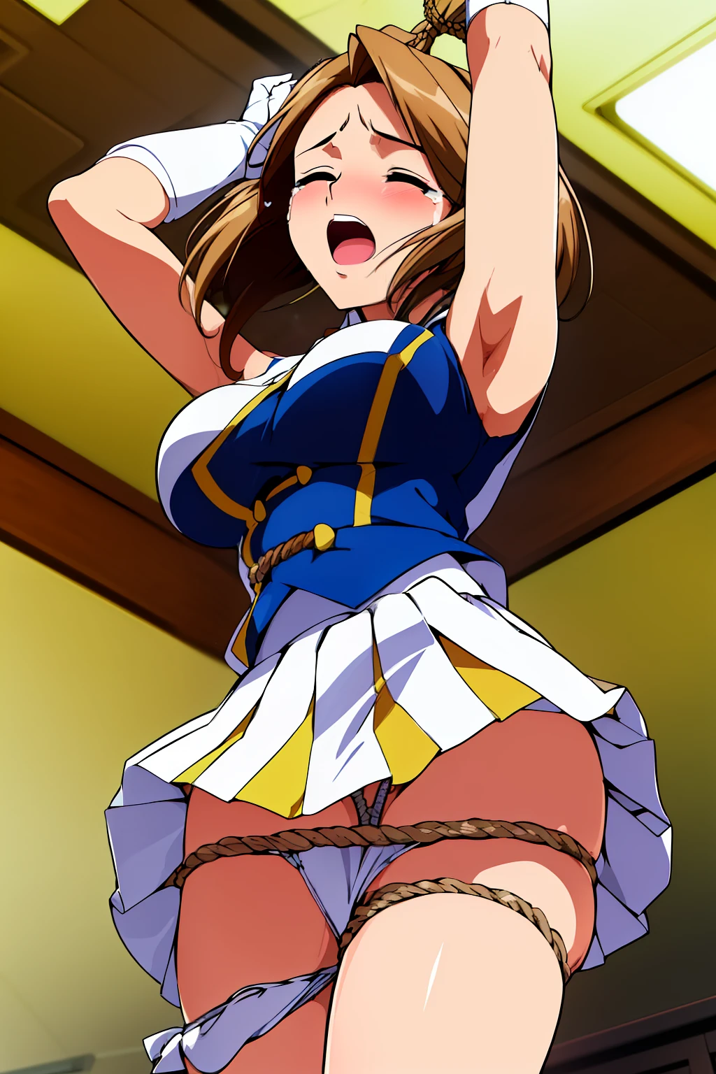 (full body shot),(upskirt, from very below,ceiling:1.5),(day:1.7), classroom,
(cute-sunfes-uniform-costume:1.9),green_eyes, brond_long_hair, ponytail, (rope shibari over the clothes:1.8),(arms behind head:1.5),(stand split leg:1.6, i-balanced:1.9, show sexy-white-panty from micro-miniskirt:1.6),white_crotchless_panties, cameltoe, erotic,
1 girl, 18yo,Young female,Beautiful Finger,Beautiful long legs,Beautiful body,Beautiful Nose,Beautiful character design, perfect eyes, perfect face,
(frown,open mouth,screaming,disgust,crying,tearly,tearly closed eyes tightly,anger,sad,nose-blushing,:1.2),looking at viewer,
NSFW,official art,extremely detailed CG unity 8k wallpaper, perfect lighting,Colorful, Bright_Front_face_Lighting,
(masterpiece:1.0),(best_quality:1.0), ultra high res,4K,ultra-detailed,
photography, 8K, HDR, highres, absurdres:1.2, Kodak portra 400, film grain, blurry background, bokeh:1.2, lens flare, (vibrant_color:1.2)
(Beautiful-medium-Breasts,pointy tits:1.3), (beautiful_face:1.5),(narrow_waist),