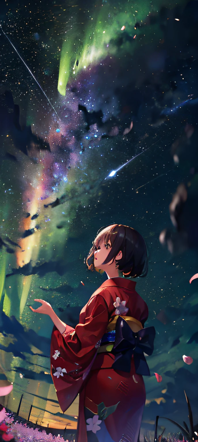 1girl, a distant girl in a kimono staring at the stars, (zoomed out: 1.1), (meteor shower: 1.2), (comet: 1.1), your name, low angle, from behind, northern lights, shooting stars, yukata, red kimono, cherry blossoms, Standing in the field, best quality, masterpiece, cloud, colorful, starry, stars,