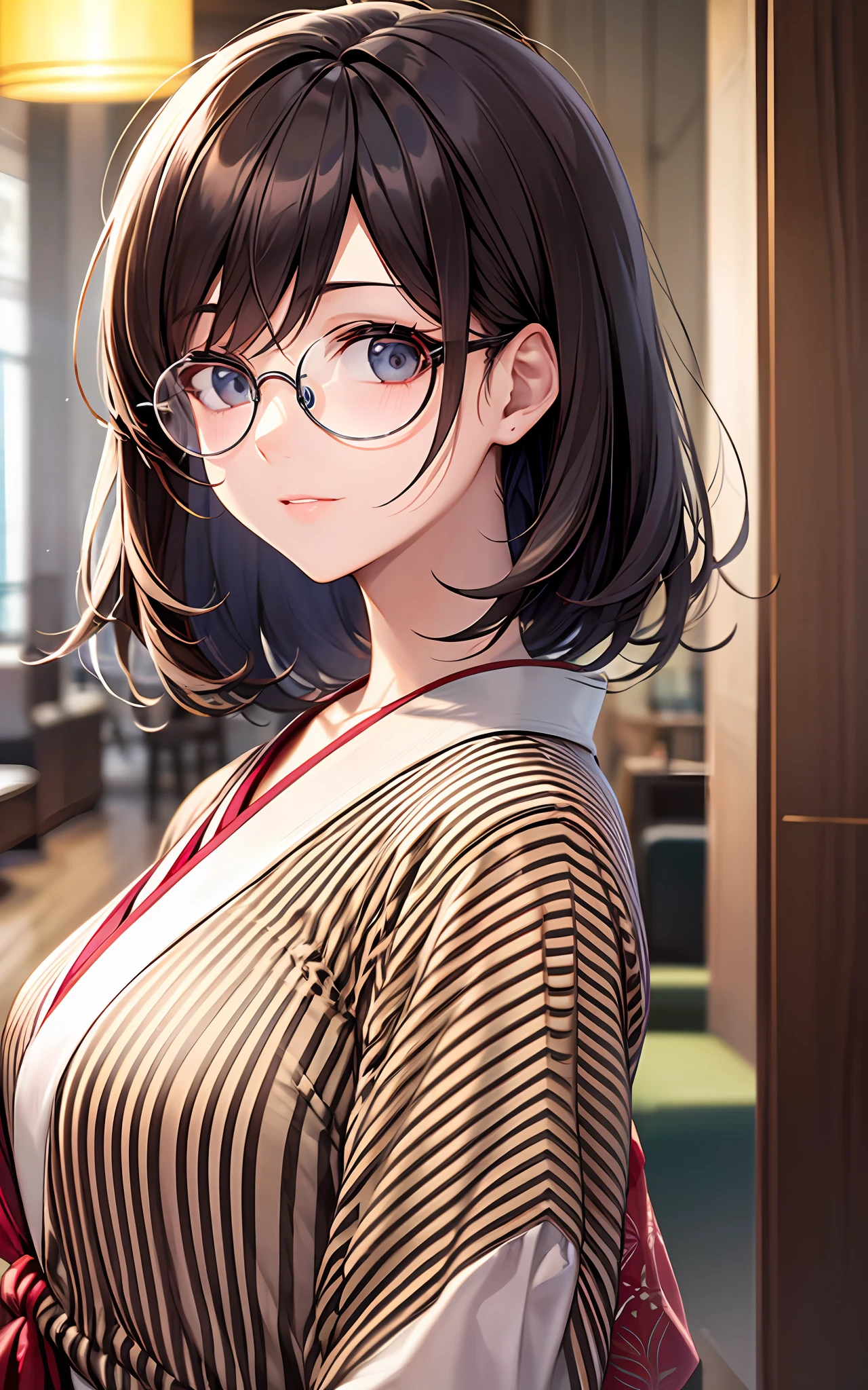 Top Quality, 8K, 4K, High Definition, Details Beautiful round glasses girl, dark hair girl, Japan style everyday clothes, hotel lounge, upper body shown,