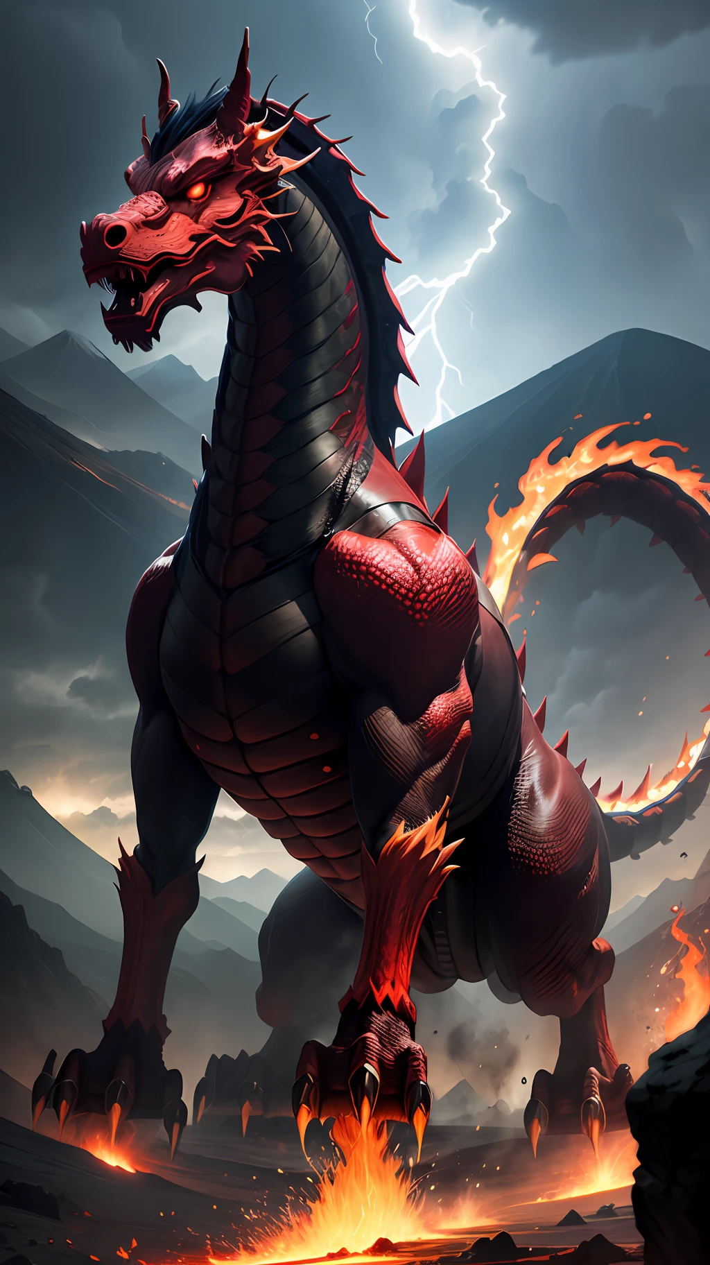 Red monster with Chinese dragon head horse body, whole body flame, volcano background, huge lightning in the sky, HD, 8k