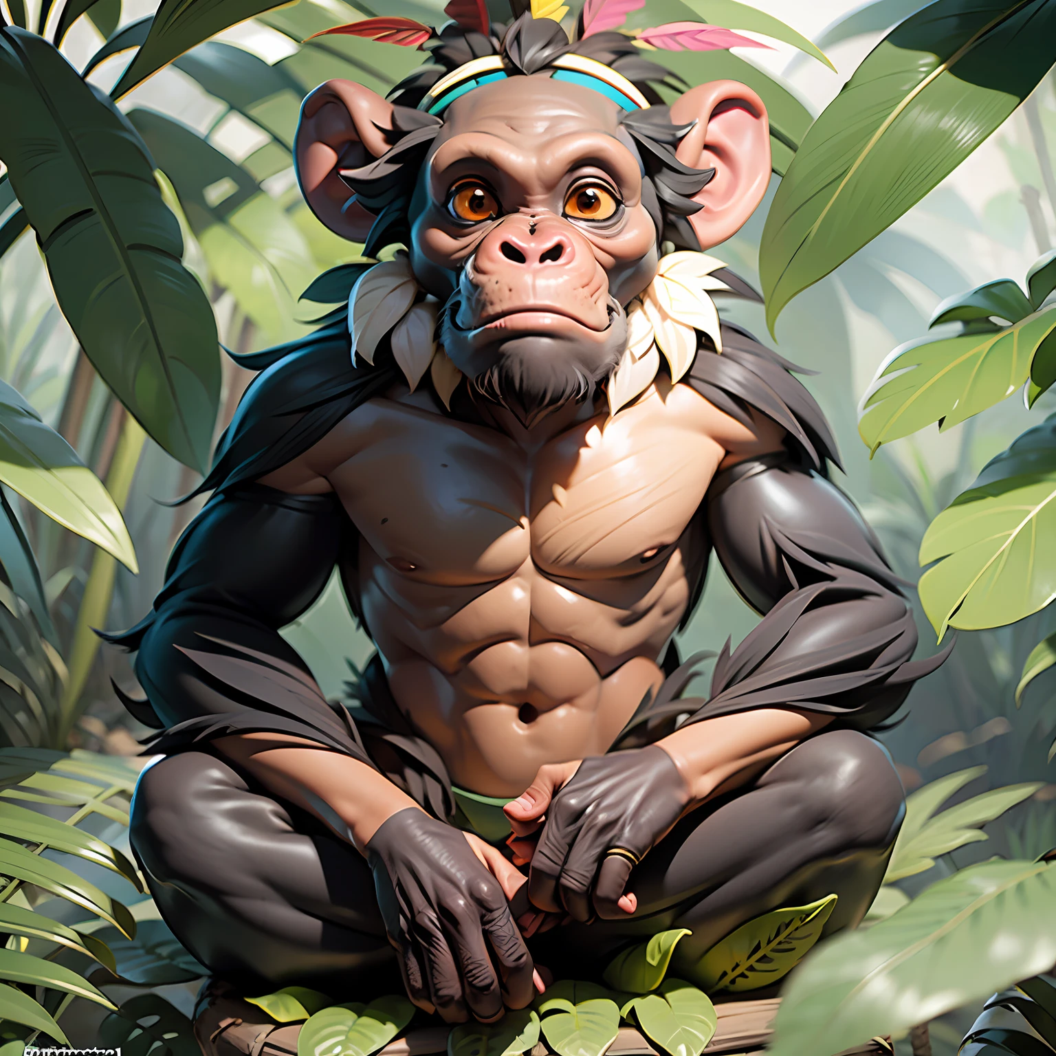 Chimpanzee with indigenous headdress on head, ((meditating)) colorful feathers, facing the camera, detail: sitting in the middle of dense tropical foliage, highly detailed intricate, ((masterpiece)), ultra hyperrealistic, masterpiece