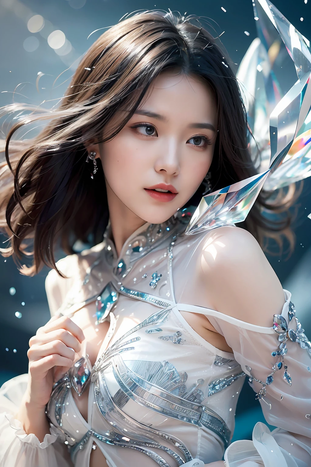 (Masterpiece, Top Quality, Best, Official Art, Beautiful and Aesthetic, Long Exposure: 1.2), Smooth Movement, Captivating Pattern, 1 Girl, (Long skirt with sleeves: 1.3), (((White clothes))), Upper body close-up, No shoulders, Chinese girl, blush, black lob hair, portrait, solo, upper body, gaze observer, detailed background, detailed face, (crystallineAI, crystalline theme: 1.1), Elements in the background wind elf, swirling wind, control wind, white crystal clothes, dynamic pose, floating particles, ethereal power, whirlwind, vapor, whirlwind in background, white tone, whirlwind, ethereal atmosphere,