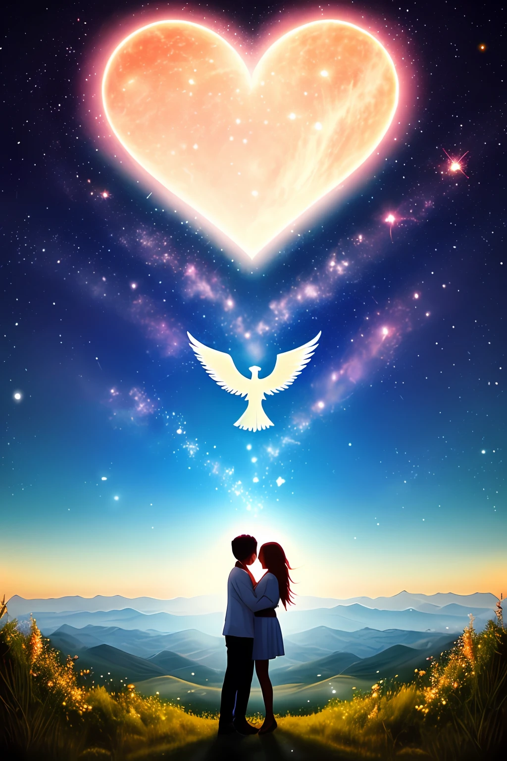 encounter, angel, love, trust,, compassion, glowing, bright background, wonderful, sky view, , best, best quality, heart, glitter, milky way galaxy, tanabata