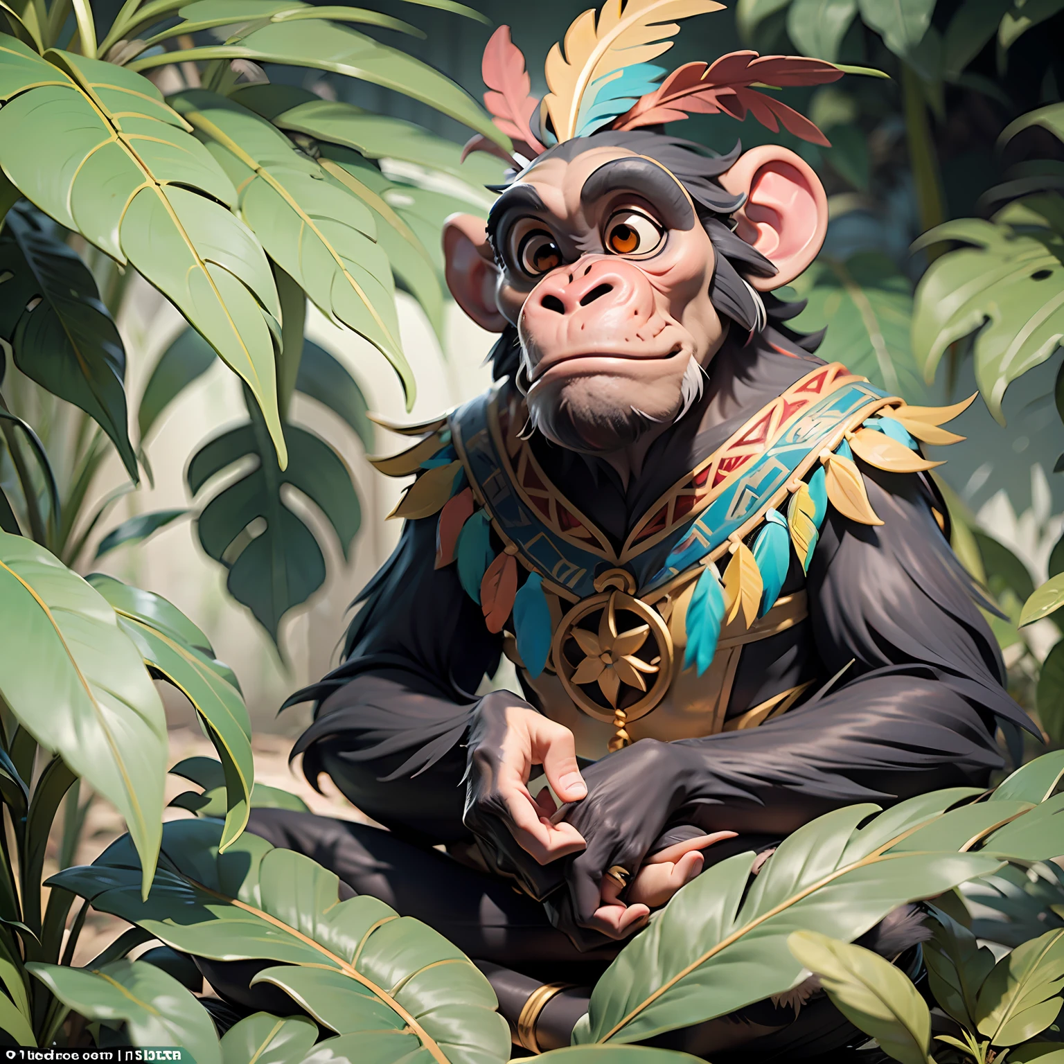 Chimpanzee with indigenous headdress on head, ((meditating)) colorful feathers, facing the camera, detail: sitting in the middle of dense tropical foliage, highly detailed intricate, ((masterpiece)), ultra hyperrealistic, masterpiece