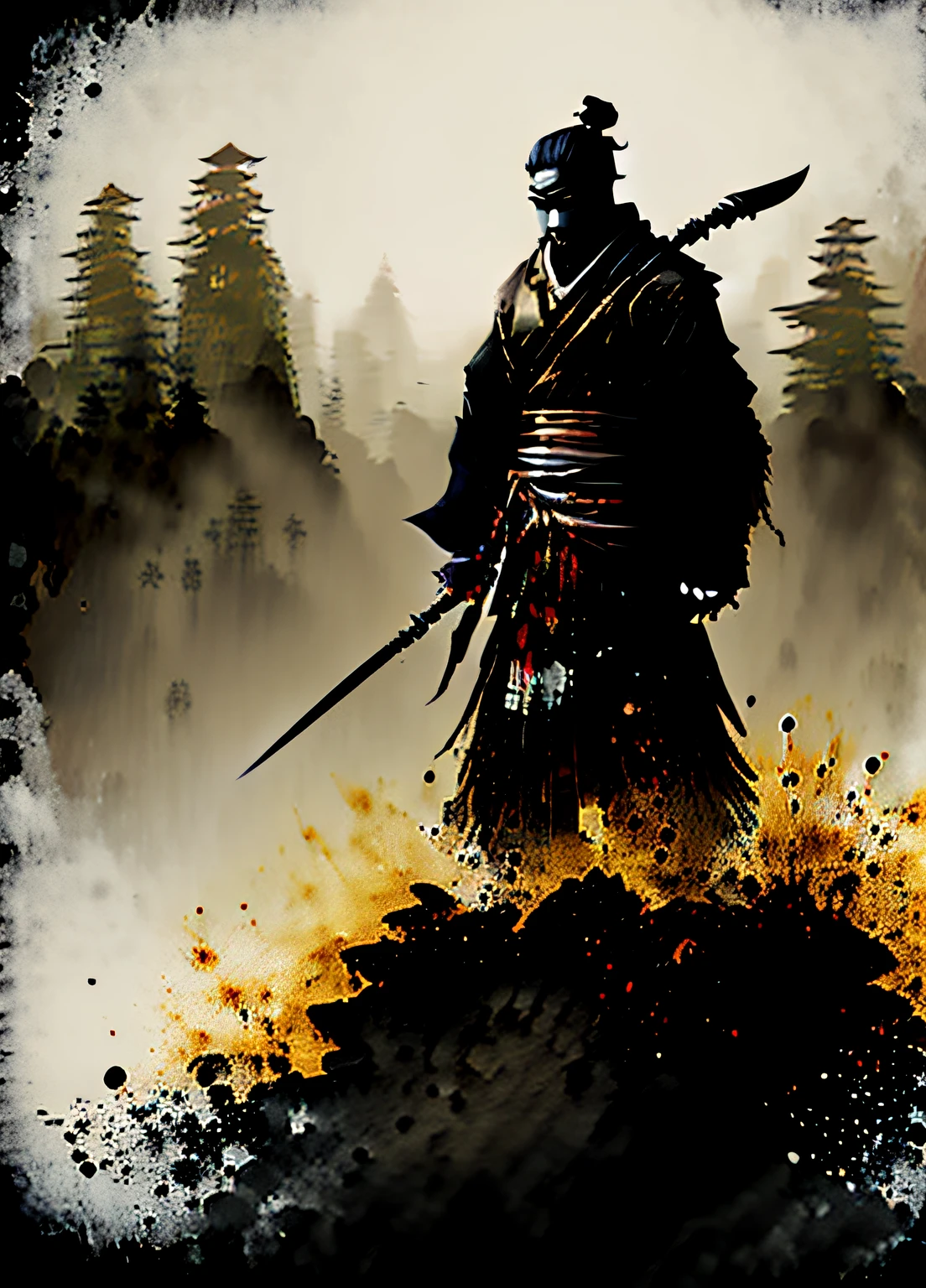 Isshin, the Sword Saint is a legendary warrior and the founder of the Ashina Clan. He is an old man with white hair and beard, wearing a blue kimono with black patterns and a white cloak. He carries a katana and a spear. He also has a gun hidden in his sleeve.

He awaits Sekiro in the great grass field where he first fought Genichiro Ashina, his grandson. The field is covered with blood and corpses of soldiers who died in the battle. The sky is dark and stormy, and lightning flashes occasionally. Isshin emerges from Genichiro’s body after he sacrifices himself to revive him using the Black Mortal Blade. He respects Sekiro as a worthy opponent and challenges him to a final duel for the fate of Ashina.
moon, dark theme, light, fantasy,