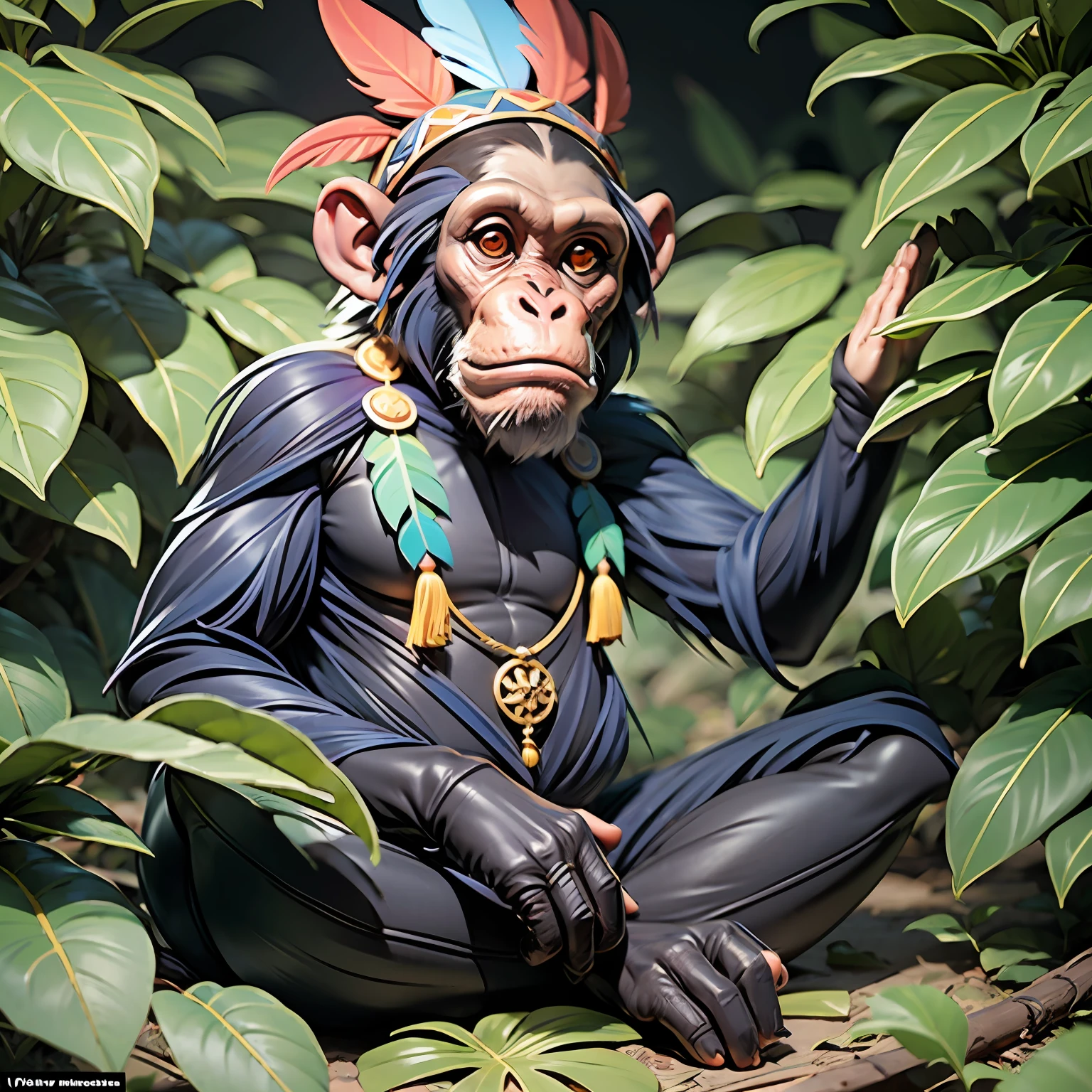 Chimpanzee with indigenous headdress on head, ((meditating)) colorful feathers, facing the camera, detail: sitting in the middle of dense tropical foliage, highly detailed intricate, ((masterpiece)), ultra hyperrealistic, masterpiece