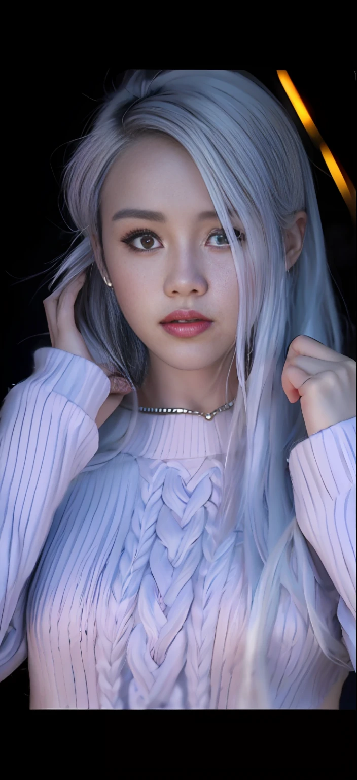 a close up of a woman with a white hair and a pink sweater, girl silver hair, white-hair pretty face, silver hair girl, soft portrait shot 8 k, perfect white haired girl, girl with white hair, ulzzang, cloudy grey hair, intense white hair, silver hair (ponytail), with long white hair, one girl has white hair, pale hair