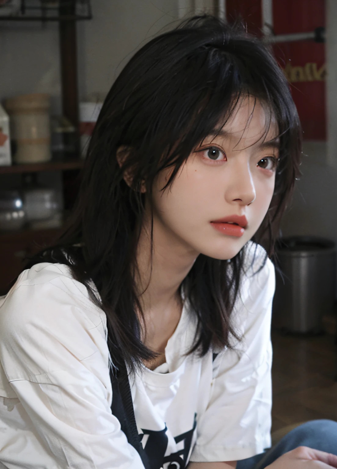 8K, Best Quality, Masterpiece, Ultra High Resolution, (Realism: 1.4), Original Photo, (True Skin Texture: 1.3), (Film Grain: 1.3), 1 Girl, Beautiful Eyes and Face Details, Masterpiece, Best Quality, Close-up, Upper Body, (Leaning Forward: 1.3), Squat, (From Above: 1.2), (Close-up: 1.4), POV, Loose T-Shirt