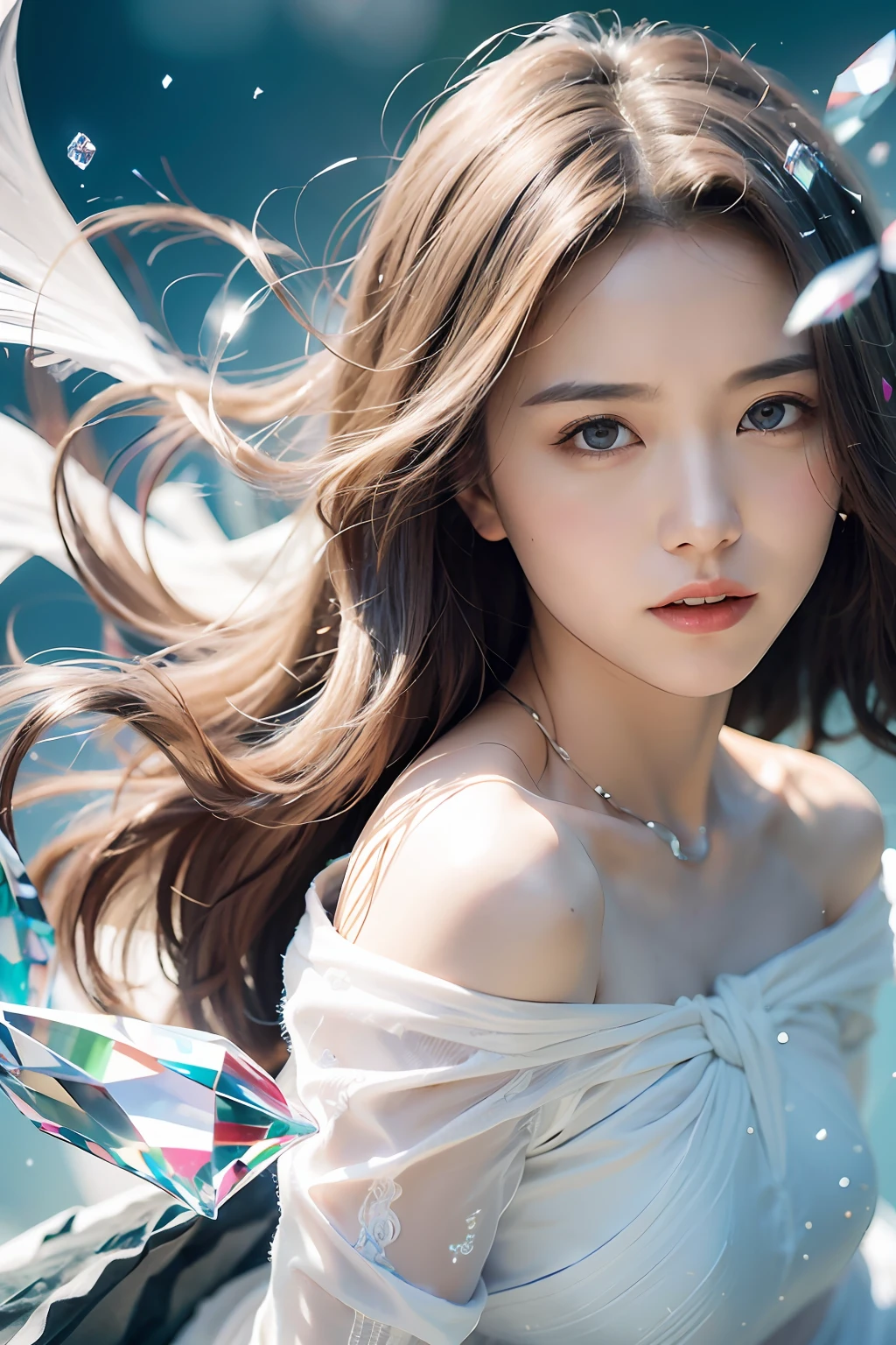 (Masterpiece, Top Quality, Best, Official Art, Beautiful and Aesthetic, Long Exposure: 1.2), Smooth Movement, Captivating Pattern, 1 Girl, (Long skirt with sleeves: 1.3), (((White clothes))), Upper body close-up, No shoulders, Chinese girl, blush, black lob hair, portrait, solo, upper body, gaze observer, detailed background, detailed face, (crystallineAI, crystalline theme: 1.1), Elements in the background wind elf, swirling wind, control wind, white crystal clothes, dynamic pose, floating particles, ethereal power, whirlwind, vapor, whirlwind in background, white tone, whirlwind, ethereal atmosphere,