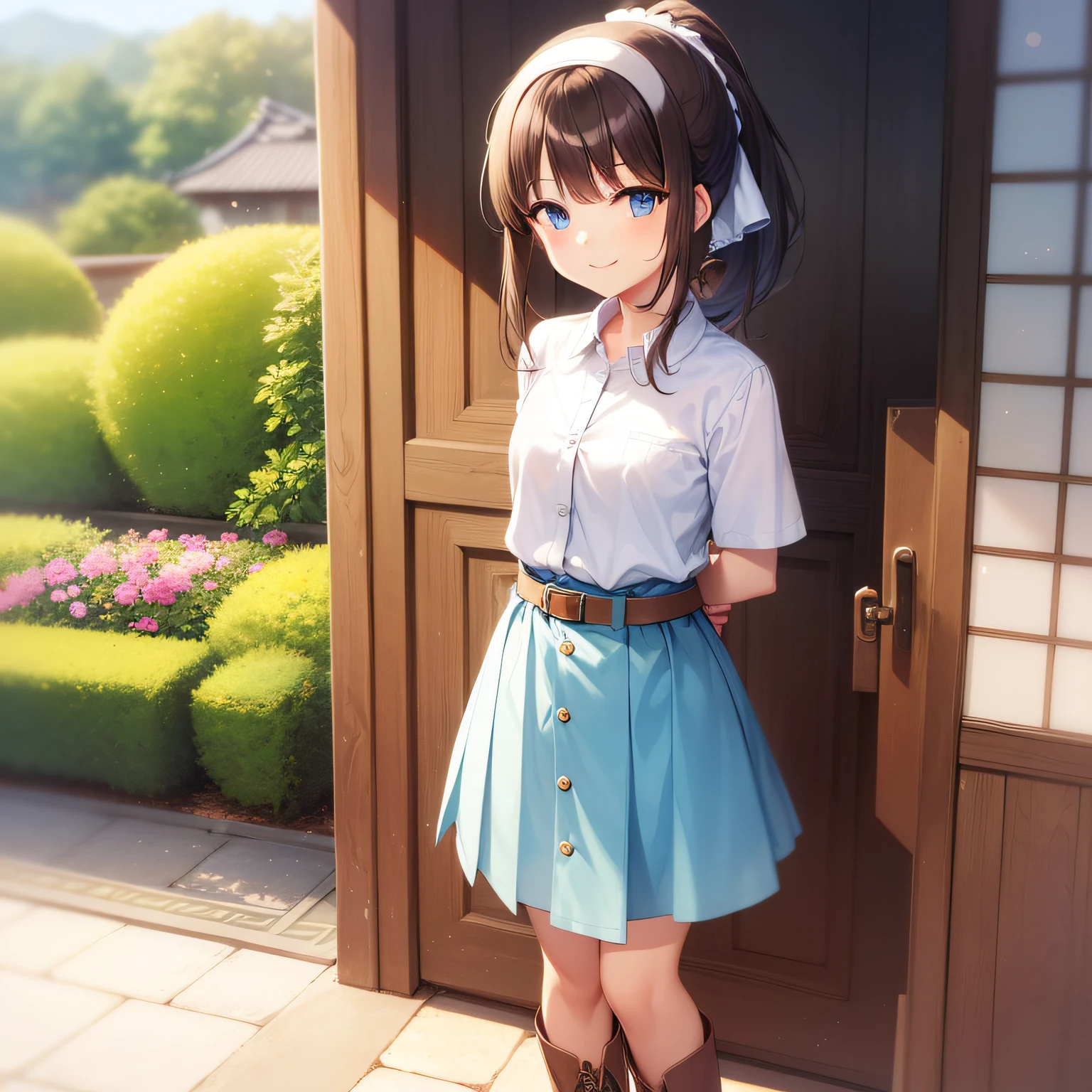 Top quality, very delicate and beautiful, girl, , (dark brown hair), blue clothes with vertical buttons, belt at the waist, white skirt, (ponytail)), (white hair band), (brown boots), blue eyes, standing, smiling, background Japan garden and Tanabata