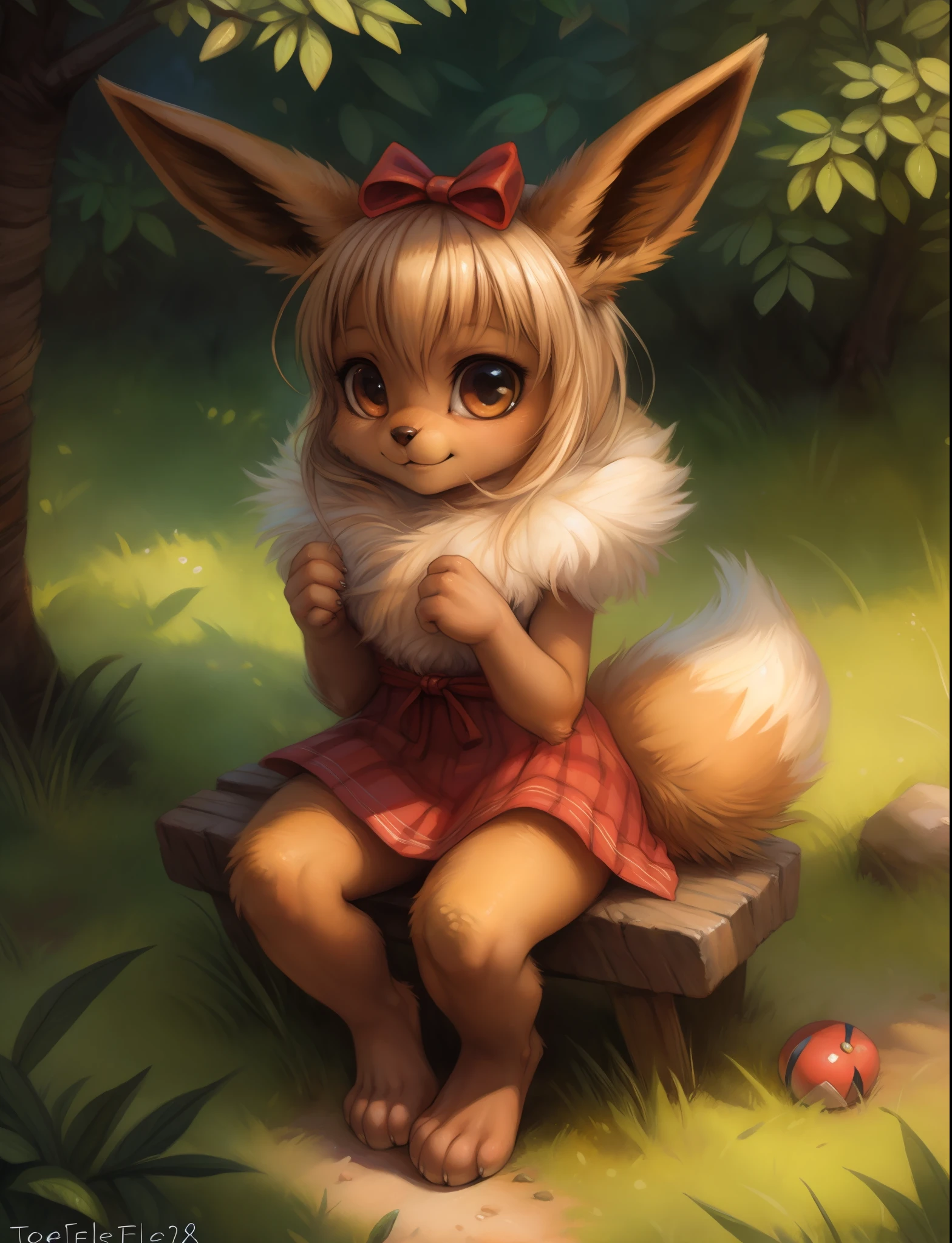 by kenket, by totesfleisch8, (by thebigslick, by silverfox5213:0.8), (by syuro:0.2), pokekid, eevee, fluffy girl, furry girl, female, has a big pretty bow in her hair, has animal paws for hands, 1girl, best quality, outdoors, high definition, cute,