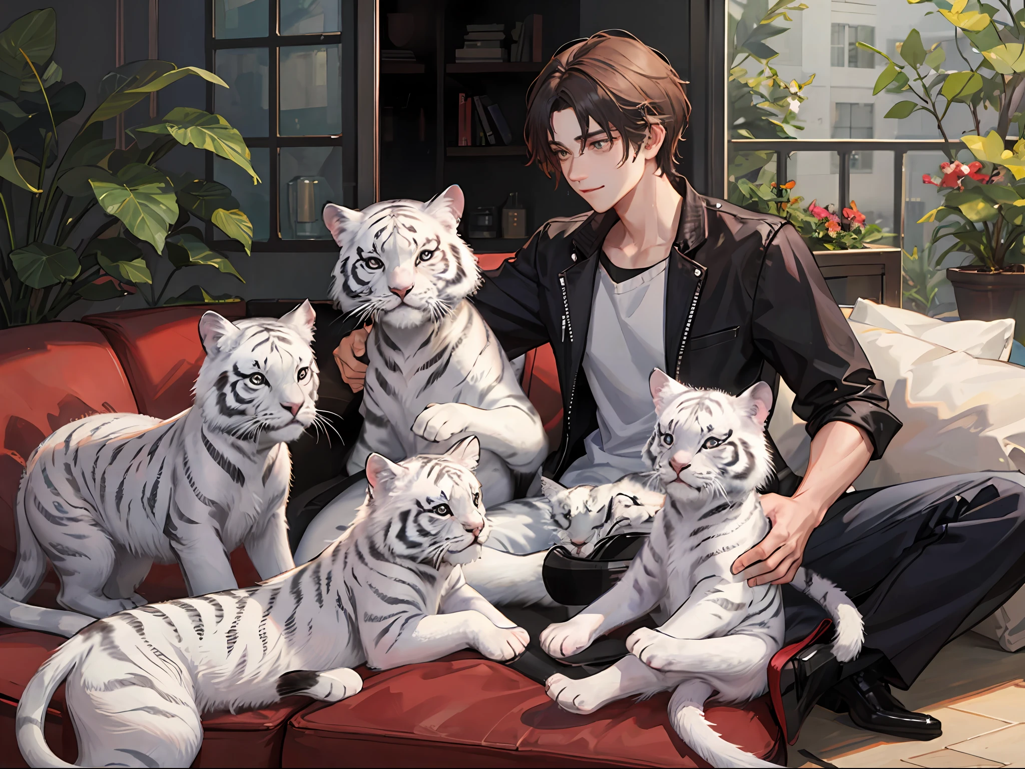 One male, three little white tigers