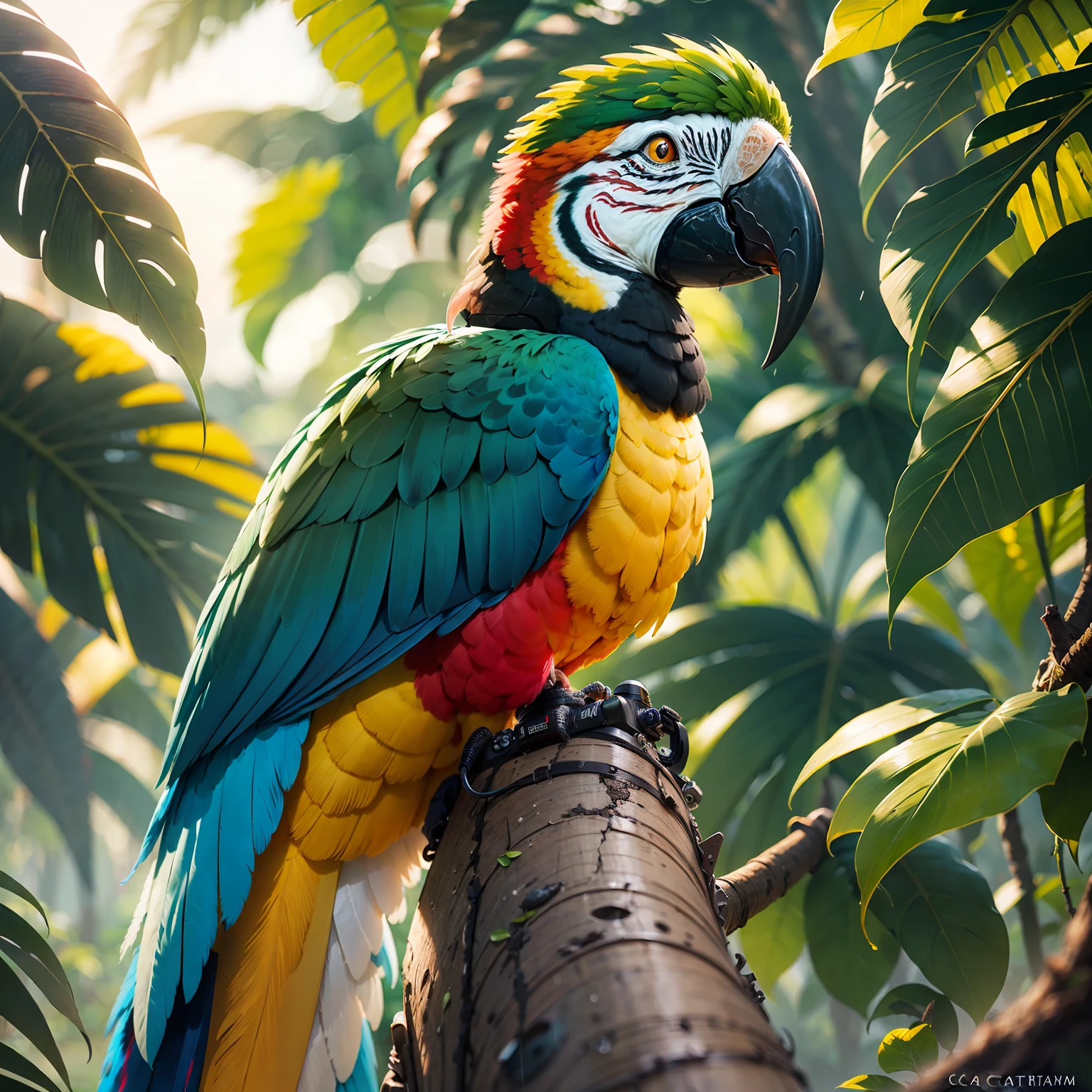 You're an award-winning photographer hired to capture stunning photos of a tropical jungle. Macaw + Cockatoo Citron and colorful exotic birds, the scene becomes even more magnificent after a heavy rain followed by a sunset with lights penetrating through the wet leaves, creating lush reflections. Your mission is to use the best techniques of light, diaphragm aperture and shutter speed, in addition to the most modern lenses, to capture this scene in all its glory and quality of 4k cinema,, (((Cacatua Citron)),, ((Macaw))