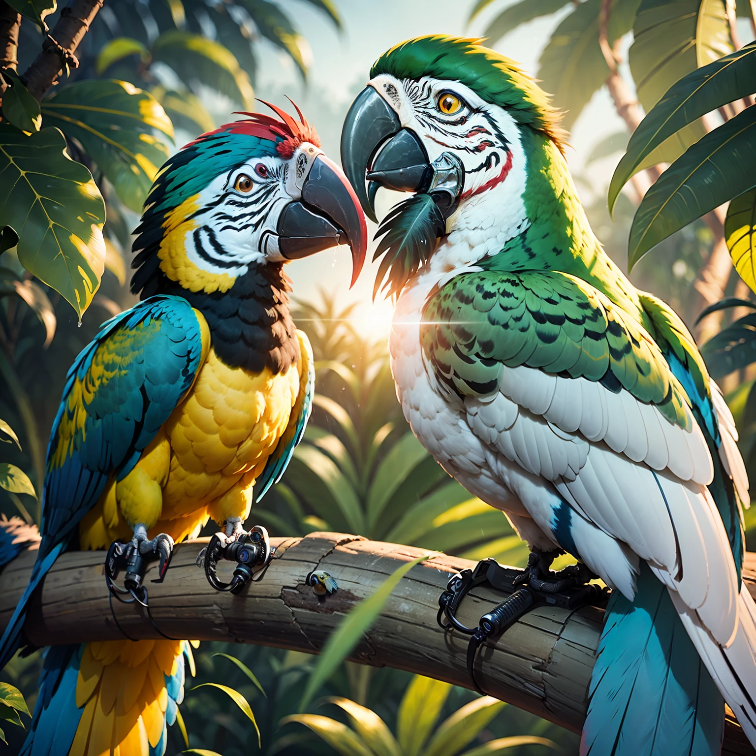 You're an award-winning photographer hired to capture stunning photos of a tropical jungle. Macaw + Cockatoo Citron and colorful exotic birds, the scene becomes even more magnificent after a heavy rain followed by a sunset with lights penetrating through the wet leaves, creating lush reflections. Your mission is to use the best techniques of light, diaphragm aperture and shutter speed, in addition to the most modern lenses, to capture this scene in all its glory and quality of 4k cinema,, (((Cacatua Citron)),, ((Macaw))