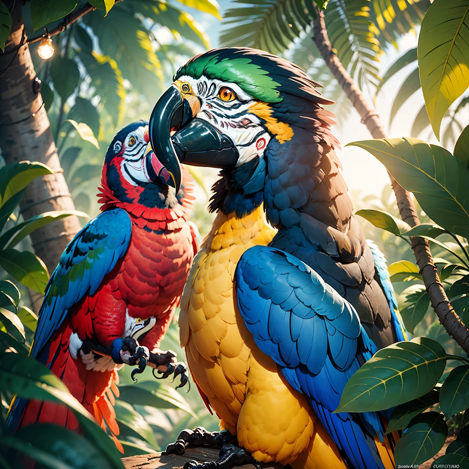 You're an award-winning National Geographics photographer hired to capture stunning photos of a tropical jungle. Macaw + Cockatoo Citron and colorful exotic birds, the scene becomes even more magnificent after a heavy rain followed by a sunset with lights penetrating through the wet leaves, creating lush reflections. Your mission is to use the best techniques of light, depth field, blurred background, diaphragm aperture and shutter speed, in addition to the most modern lenses, to capture this scene in all its glory and quality of 4k cinema,, (((Cacatua Citron)),, ((Macaws))