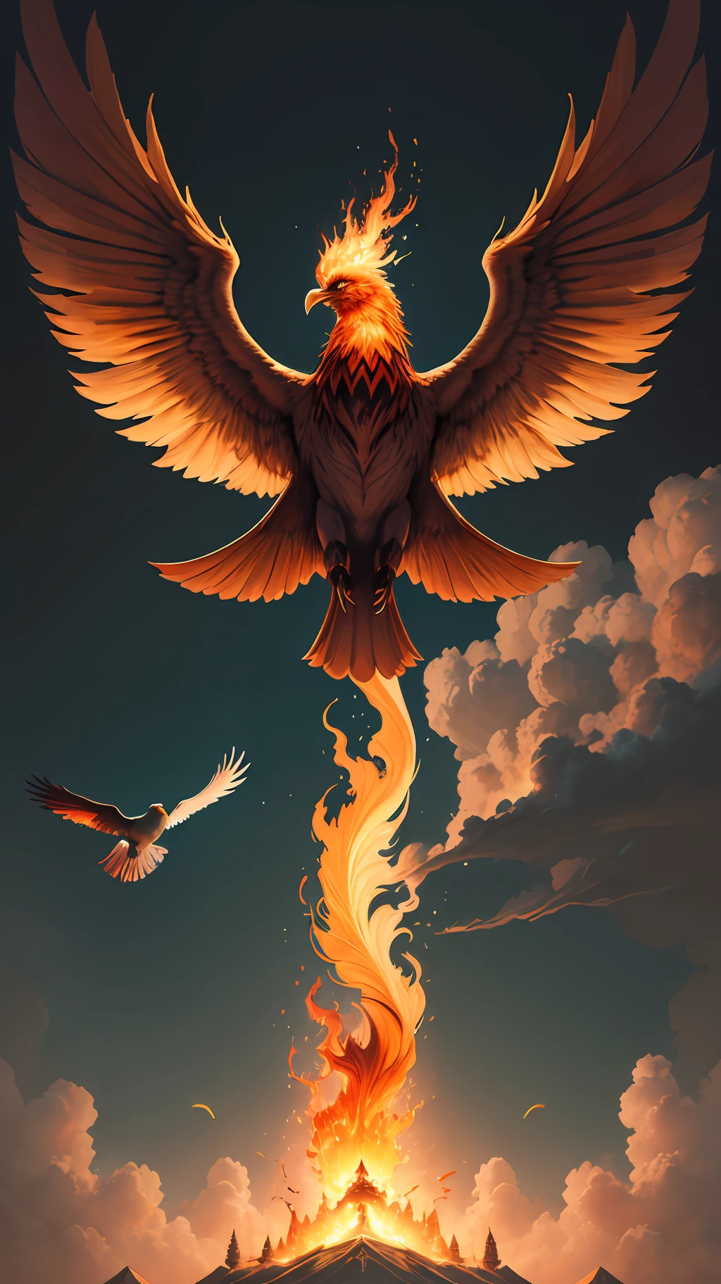 The phoenix flies in the sky, its whole body in flames, and the firebird is opposite it, ready to fight