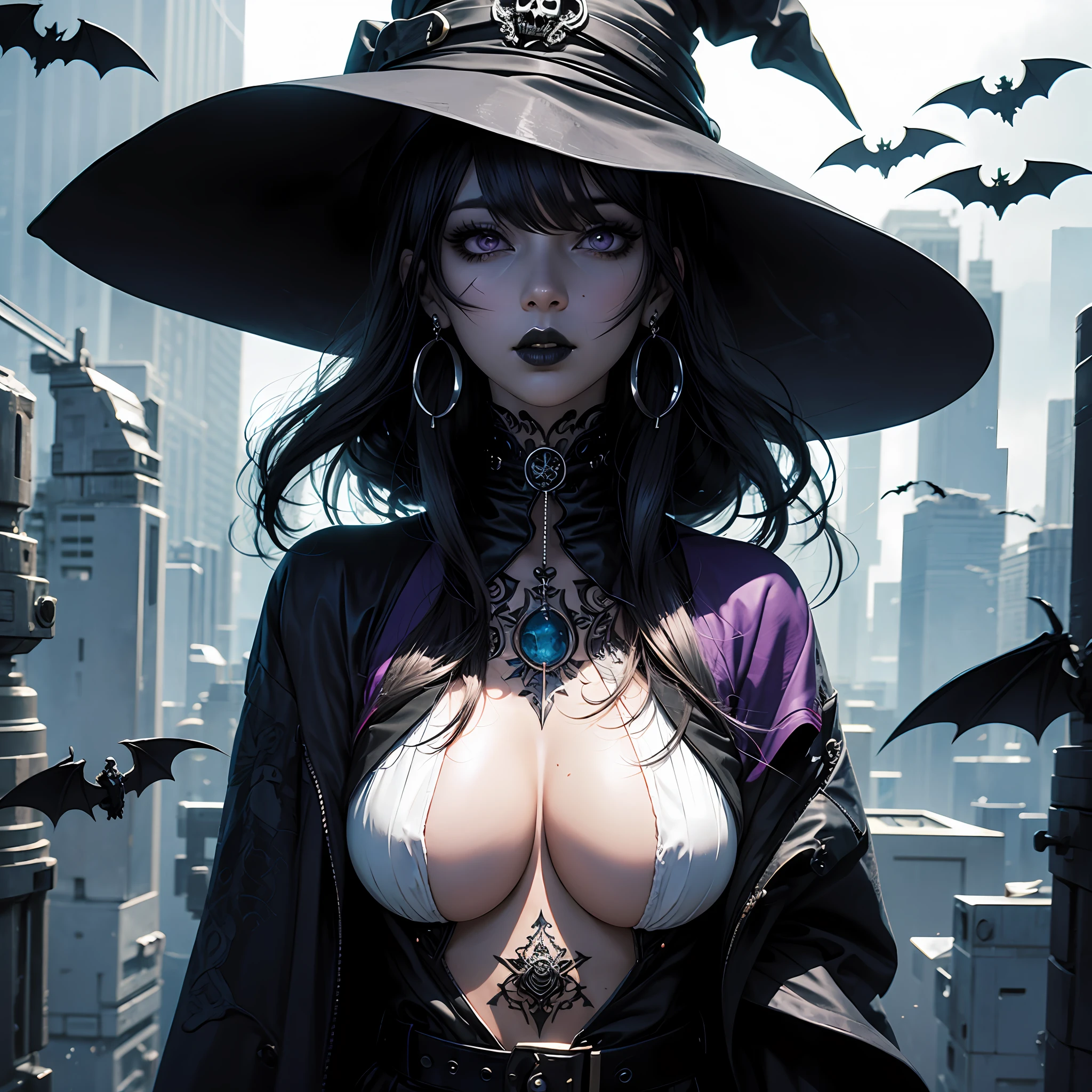 anime style, black hair girl, anime, witch hat, tattooed, black lipstick, skull earrings, detailed eyes, purple eyes, sexy outfit, bats around, half body, big breasts --auto