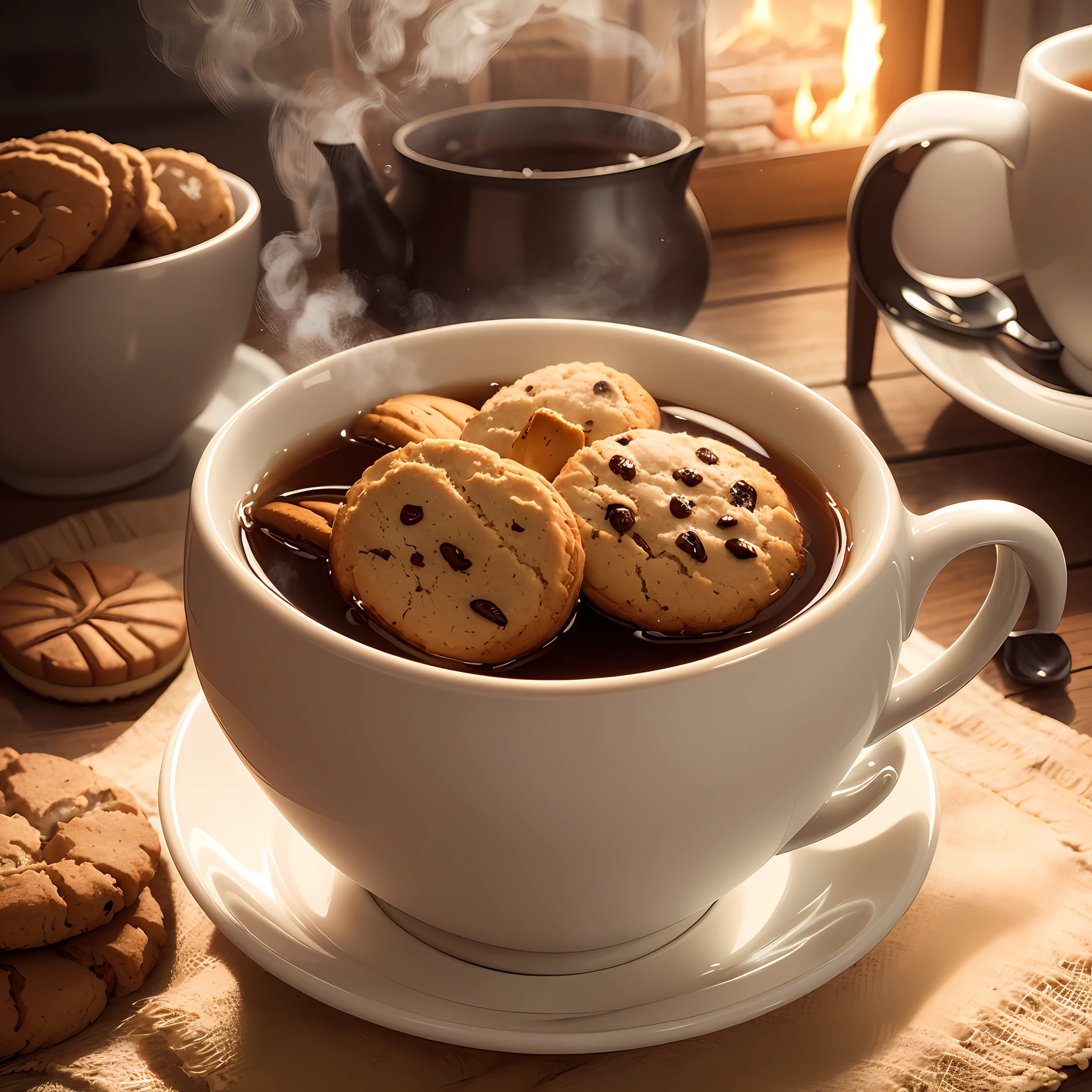 Create an image of a steaming cup of tea accompanied by a plate of delicious biscuits. The tea is gently swirling, and the biscuits are arranged neatly beside the cup. Capture the warmth and coziness of this delightful scene, inviting viewers to relax and enjoy a comforting moment." --auto