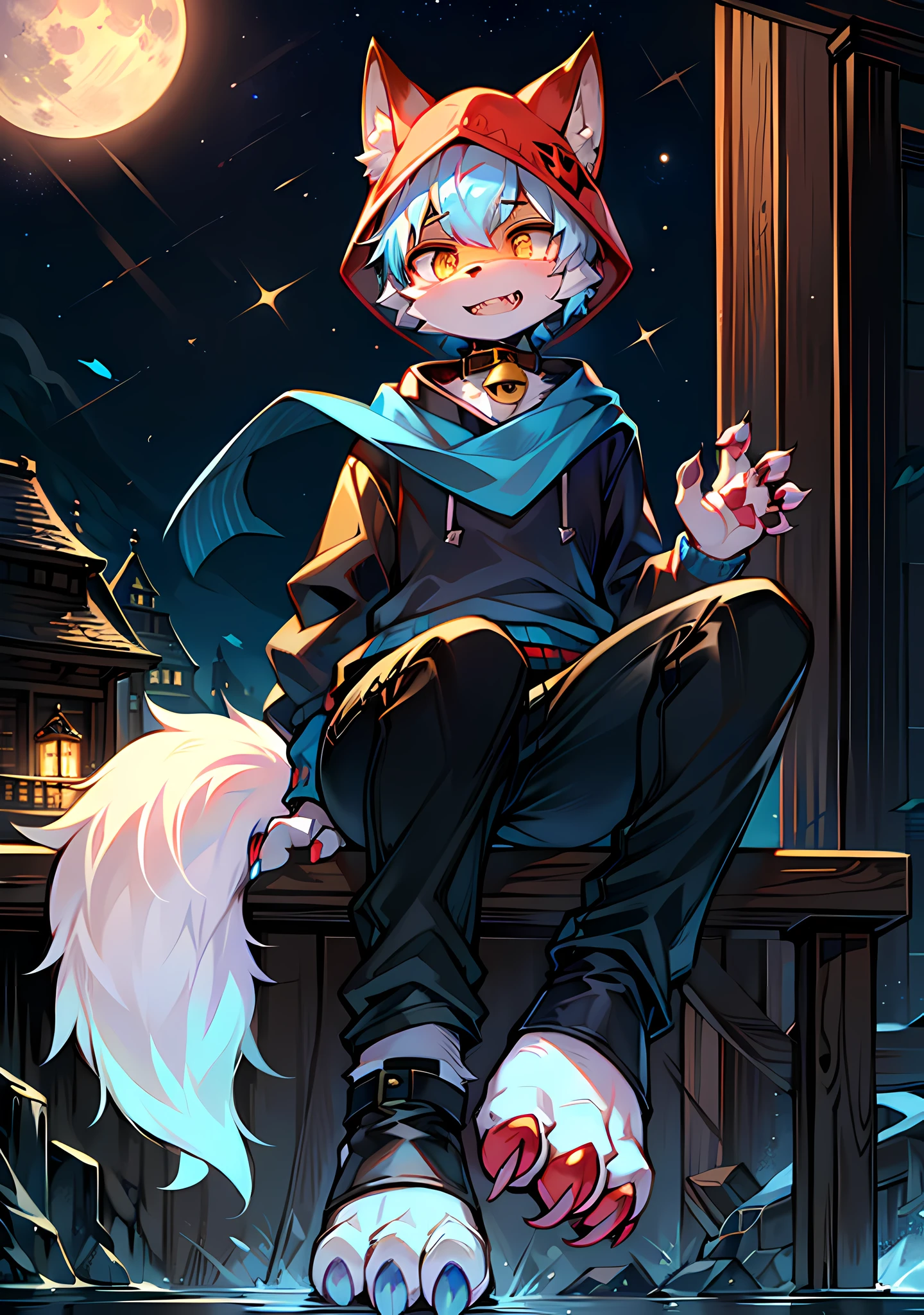 Masterpiece quality, highest definition, detailed textures, 4K, 8K, furry vampire boy, humanoid, canine type, frontal, greeting, humanoid focus, cute face, detailed eyes, broken golden vertical pupils, shiny eyes, red corners of the eyes, short hair, fluffy blue and white hair, three fluffy tails, bell collar, black pants, sharp canine teeth, treading water in the sand, blue glowing tattoo, starry hood sweatshirt, fox mask, other shore flower, astrologer, full body portrait, light blue meat pad, blue moon, starry trench coat, Blue and gold scarves, blue and white fur everywhere, blue and black sweatshirts, starry sky and water, anti-joint foot claws
