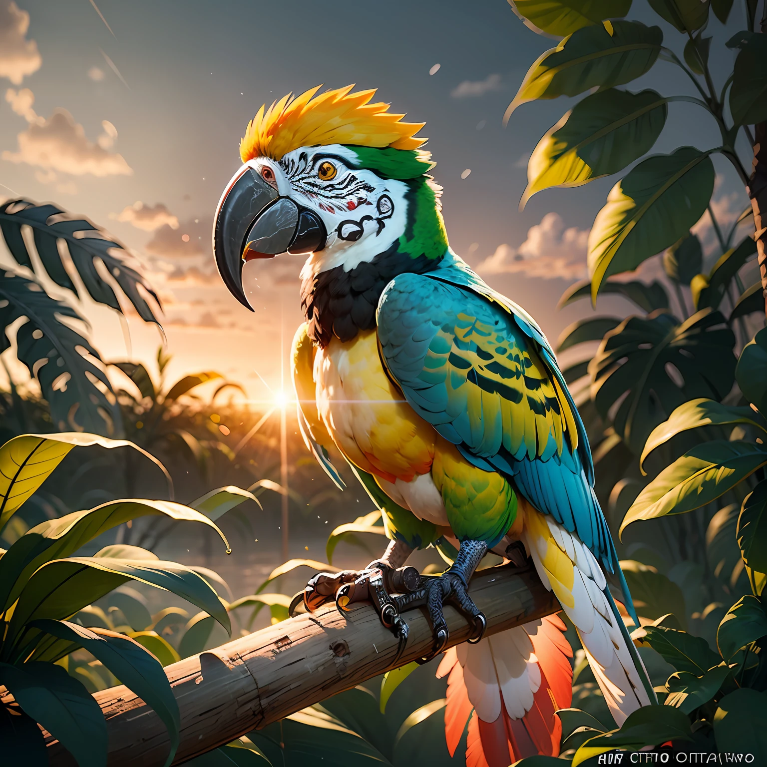 You're an award-winning photographer hired to capture stunning photos of a tropical jungle. Macaw + Cockatoo Citron and colorful exotic birds, the scene becomes even more magnificent after a heavy rain followed by a sunset with lights penetrating through the wet leaves, creating lush reflections. Your mission is to use the best techniques of light, diaphragm aperture and shutter speed, in addition to the most modern lenses, to capture this scene in all its glory and quality of 4k cinema,, (((Cacatua Citron)),, ((Macaw))