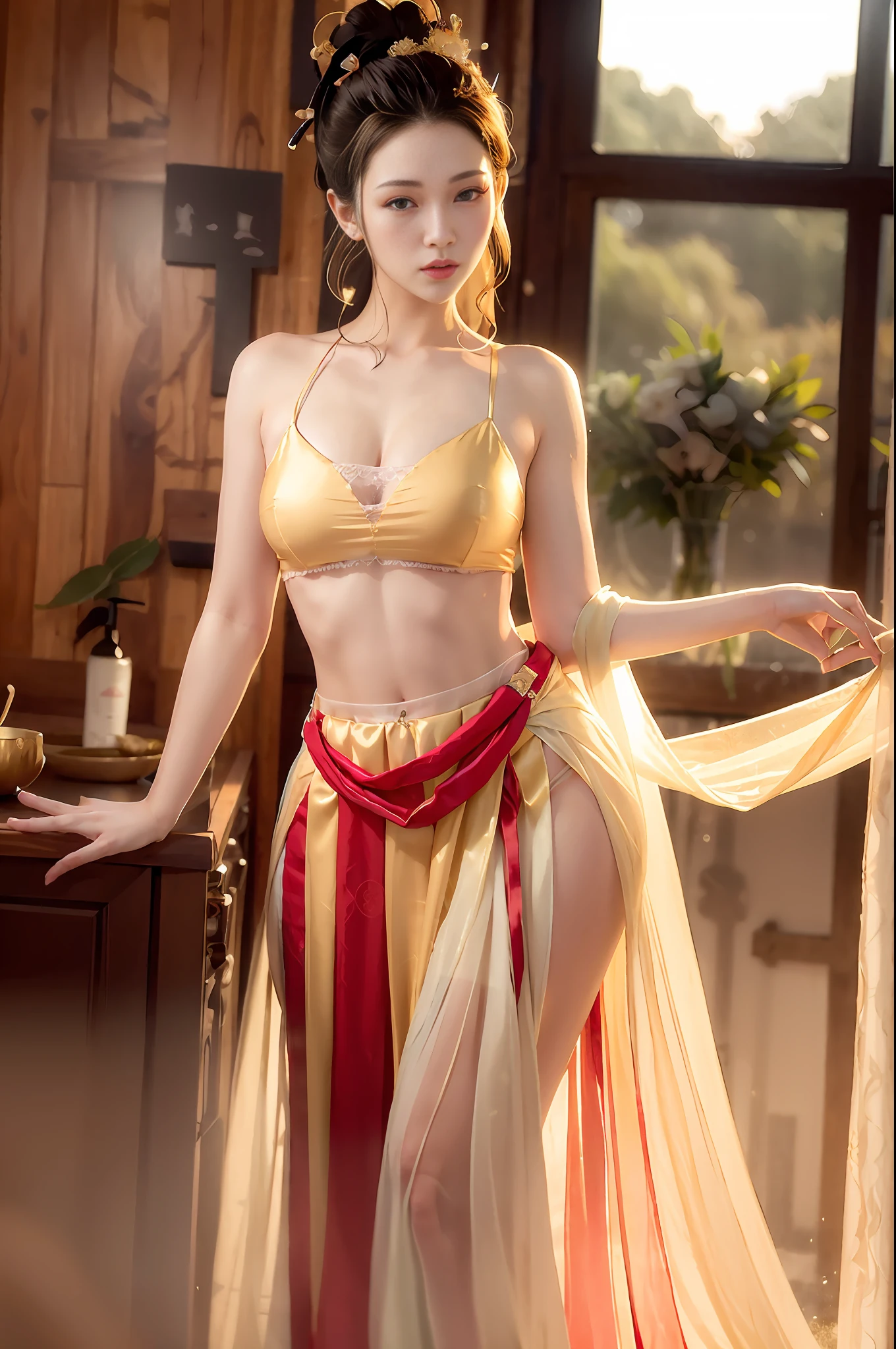 Very detailed CG unit 8k wallpaper, (masterpiece), (best quality), (ultra-detailed), (ultra-realistic), (best character detail: 1.36), Nikon d750 f/1.4 55mm, dynamic angle, professional lighting, photon mapping, radiosity, physically based rendering, blush, 1girl, mature woman,, golden ratio, (Kpop idol), (oily skin: 1.2), (oily skin: 1.1), makeup, [:(high detailed face:1.2):0.2]:,PureErosFace_v1,  ((long blonde hair,bangs, and delicate style)), (aegyo sal:1), (eyes), (eyelashes: 1.1), (lips: 1.1), red lipstick, broad shoulders, (large breasts: 1.1), (neckline: 1.1), sexy, soaked, bare shoulders, bare belly, (big ass: 1.2), bare legs, transparent silk gauze skirt, naked, transparent, Song dynasty, Song clothing, hyper-realistic photo, naked, standing, legs open, buttocks, transparent,  kiss, bath, (bath), woods, whole body