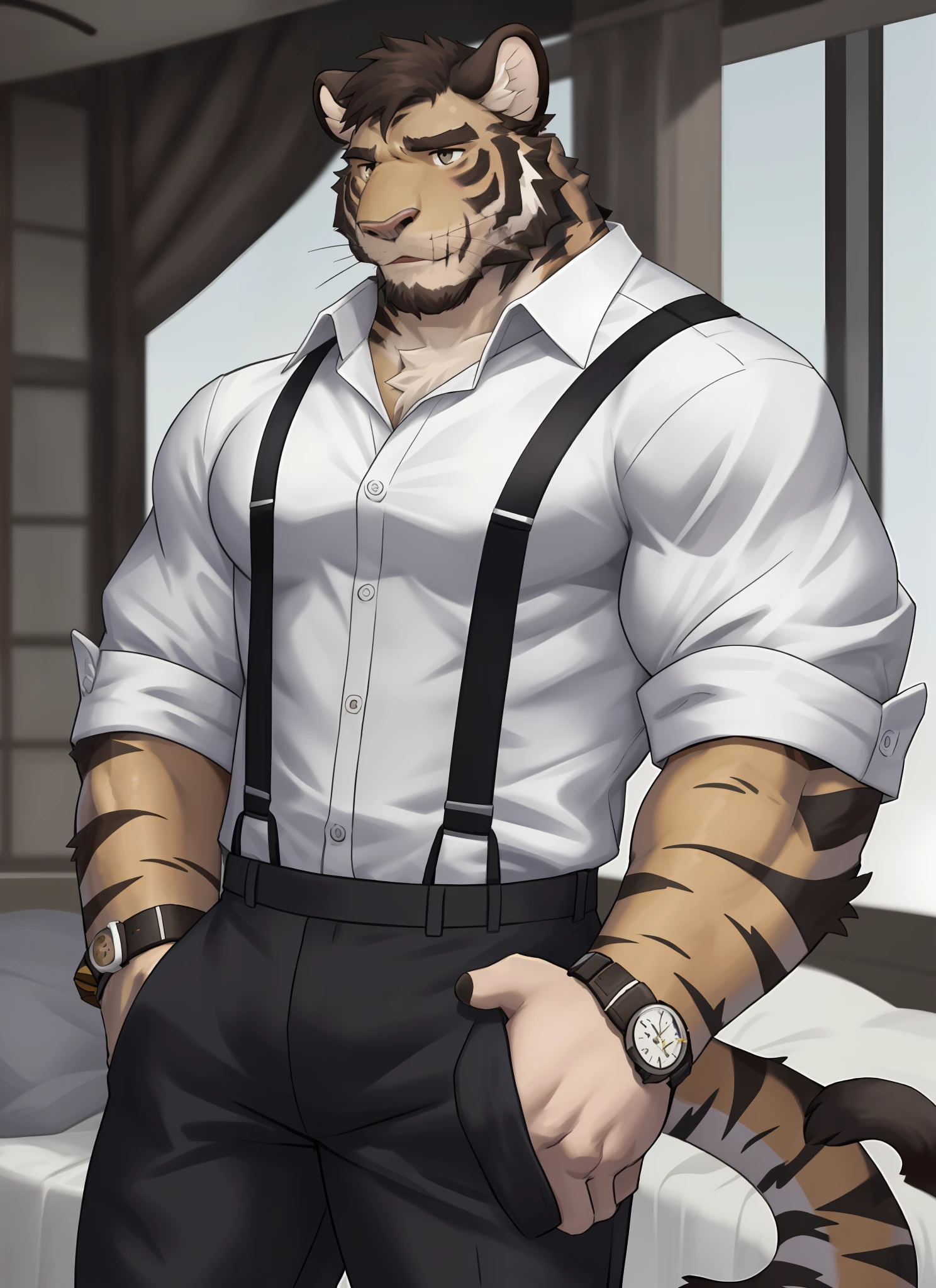 William Adler, solo, shirt, 1boy, white shirt, upper body, male focus, collared shirt, pants, look to side, suspenders, pectoral muscles, sleeves rolled up, watch, watch, tiger ears, beard, blush, sweat black and white stripes