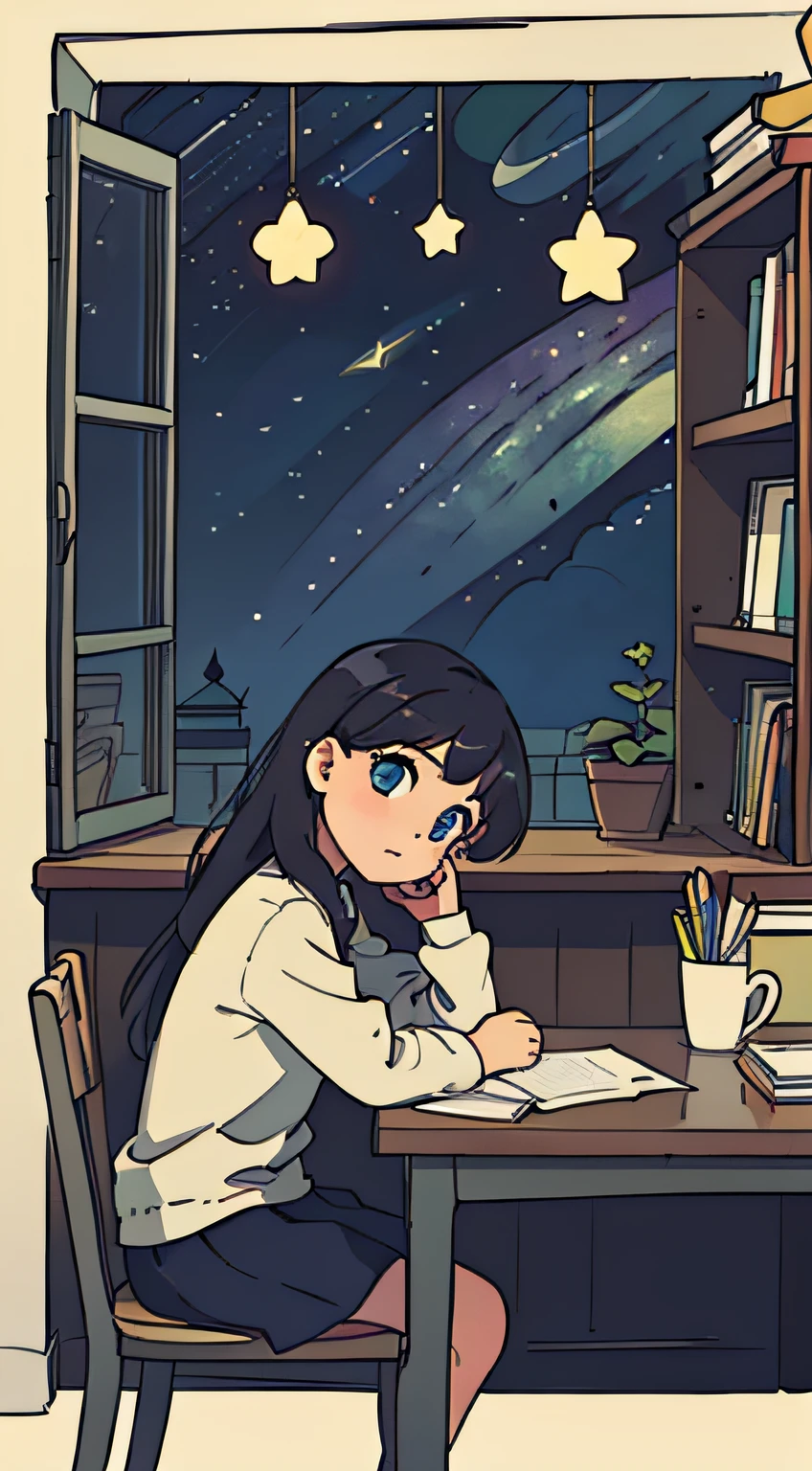 A little girl sat at a table full of stationery and books. In a bedroom, with the starry sky outside the window, she tilted her head suspiciously in thought, her eyes looking upwards, observing from a parallel perspective.