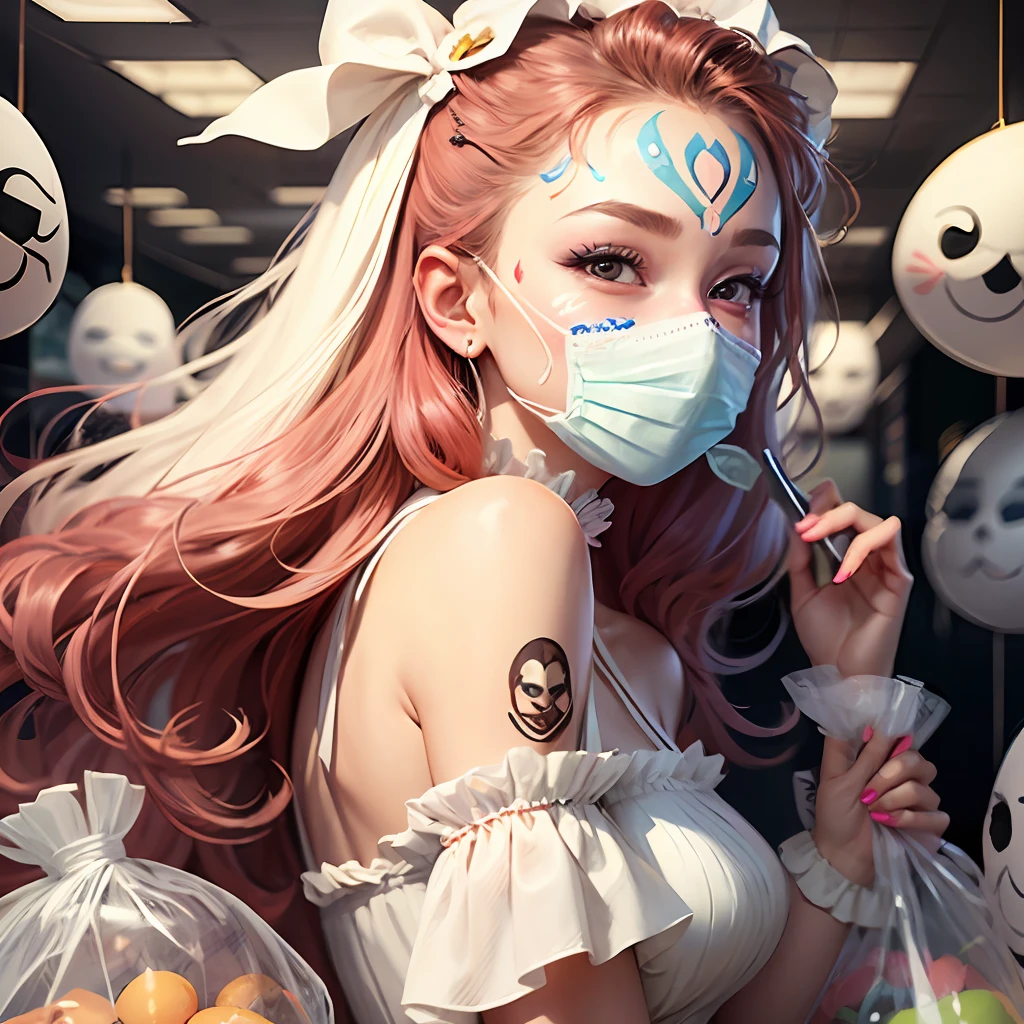 A beautiful girl in a white dress with her face painted makes funny faces in a room full of plastic bags and smiley face masks --auto --s2