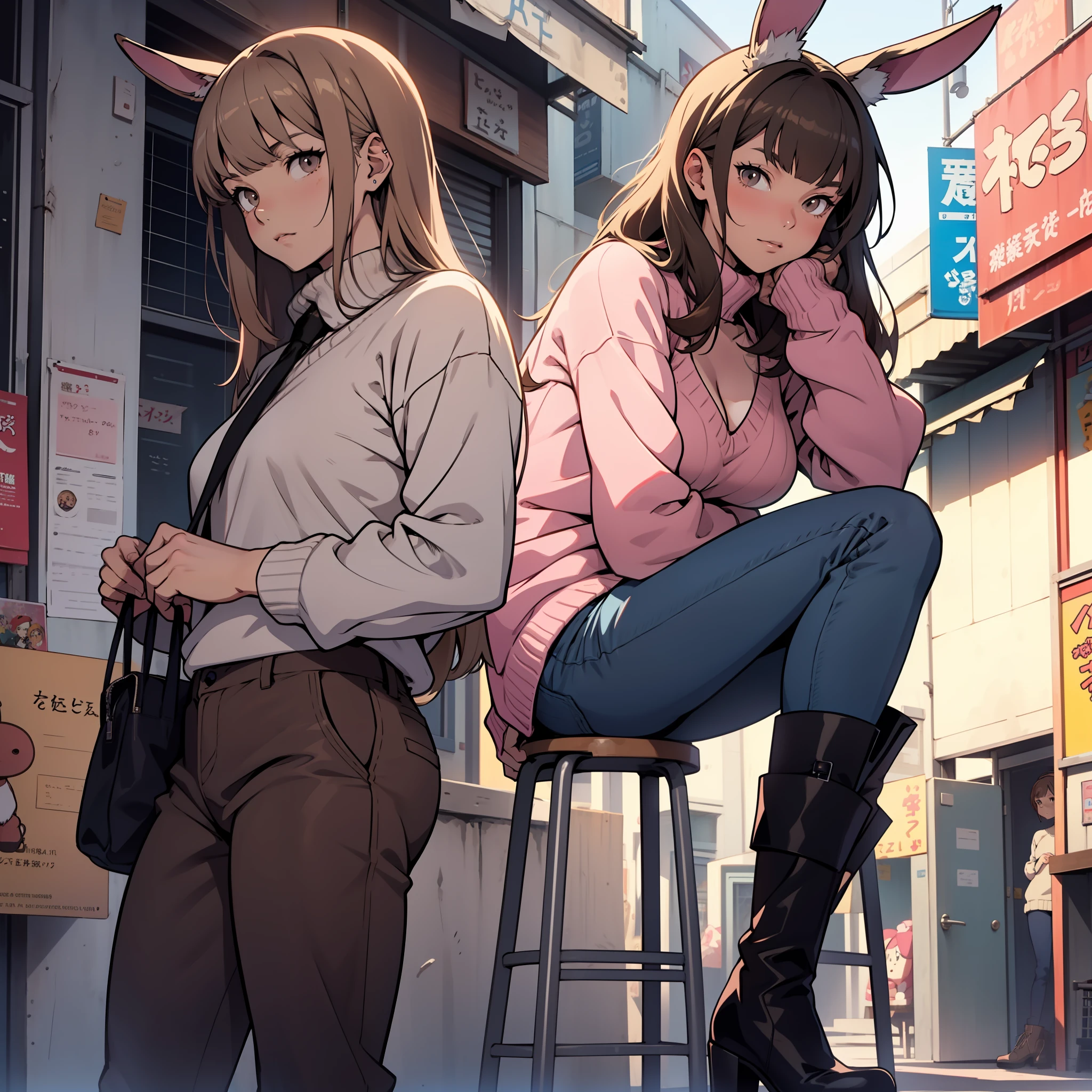 A girl, fair skin, light brown hair, long bangs, rabbit ears, big chest, slender legs, pink sweater, gray pants, black boots, dark brown eyes, anime, 2d, cartoon.