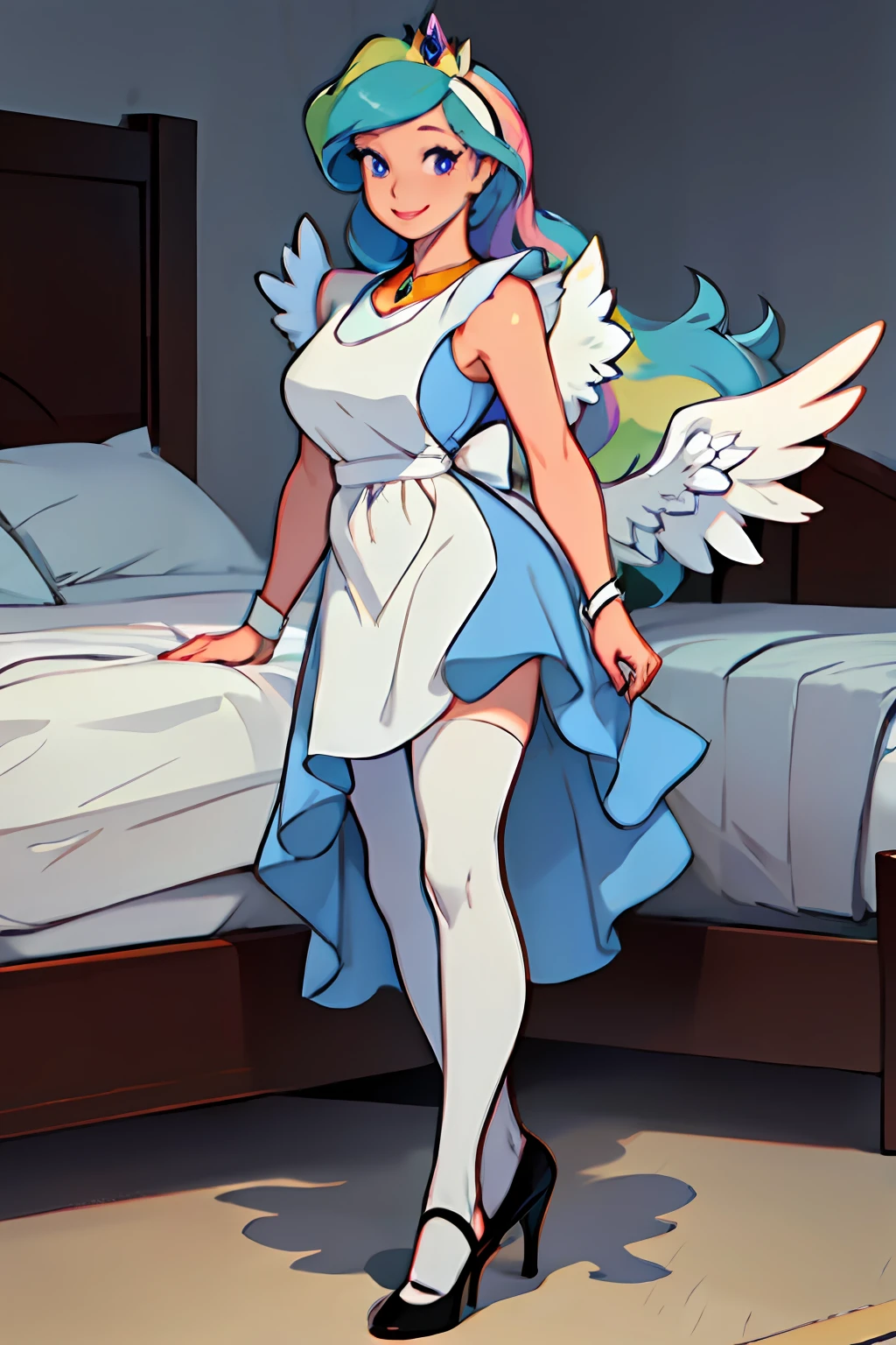 (masterpiece:1.4), (best qualit:1.4), (high resolution:1.4), blue dress, white apron, black hairband, smile, looking at viewer, Celestiahuman, Princess Celestia from my little pony, Princess Celestia in the form of a girl, in white bloomers, big breasts, lush breasts, voluminous breasts, elastic breasts, on the bed, legs apart, you can see the whole body, linen shines through,  heels, feet, five fingers, detailed hands, Big white angel wings behind the back, white feathers