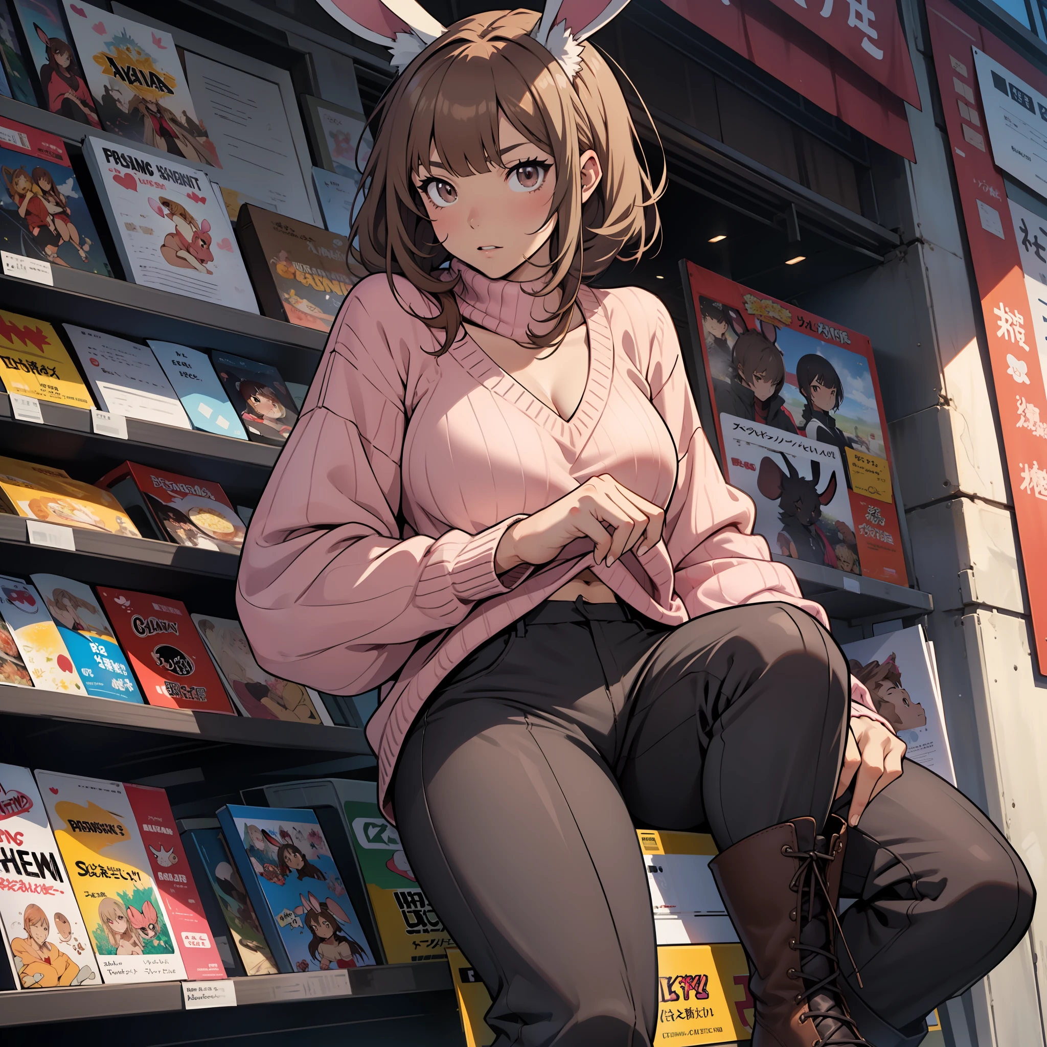 A girl, fair skin, light brown hair, long bangs, rabbit ears, big chest, slender legs, pink sweater, gray pants, black boots, dark brown eyes, anime, 2d, cartoon.