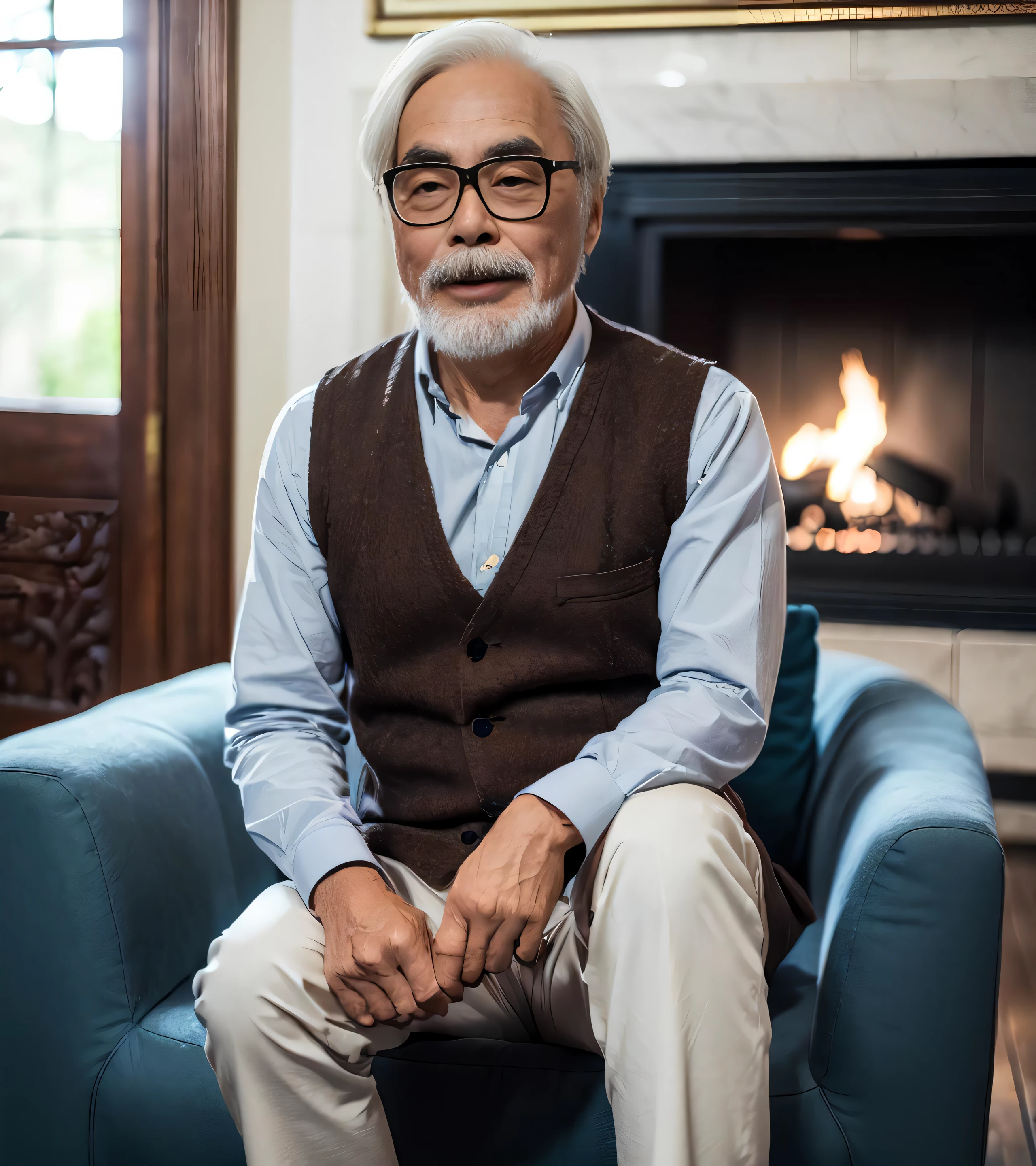 (A medium photo of gongqijun,oldman),wearing(brown vest.babyblue shirt),sitting on chair,hug a cat,indoor,fireplace in background,(masterpiece) (photorealistic:1.2) (bokeh) (best quality) (detailed skin) (intricate) (8k) (HDR) (cinematic lighting) (sharp focus)