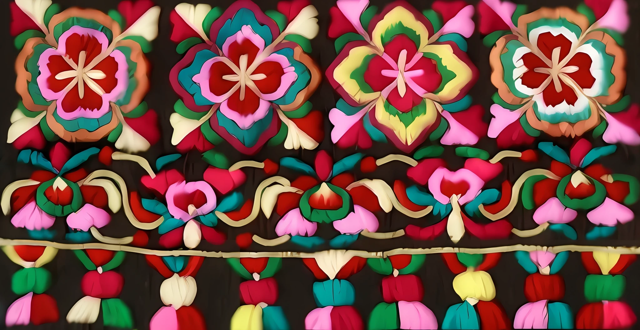 Close up of a colorful embroidery bag, flower pattern, large pattern, traditional folk art style, floral pattern, fabric embroidery, hippie pattern, complex embroidery, textile, multi-color, floral pattern, border pattern, embroidery, inspired by Miaofu, traditional, floral embroidery, ethnic, traditional Chinese, large solid color, masterpiece, super detail, super clear