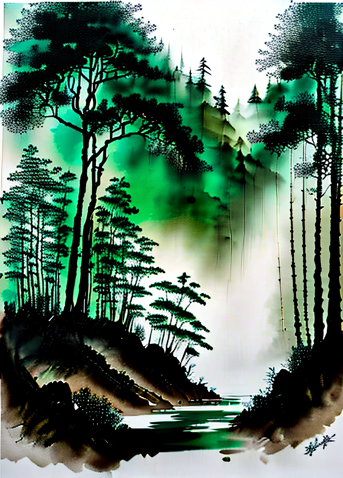 Ink painting, green, in the forest, straight road