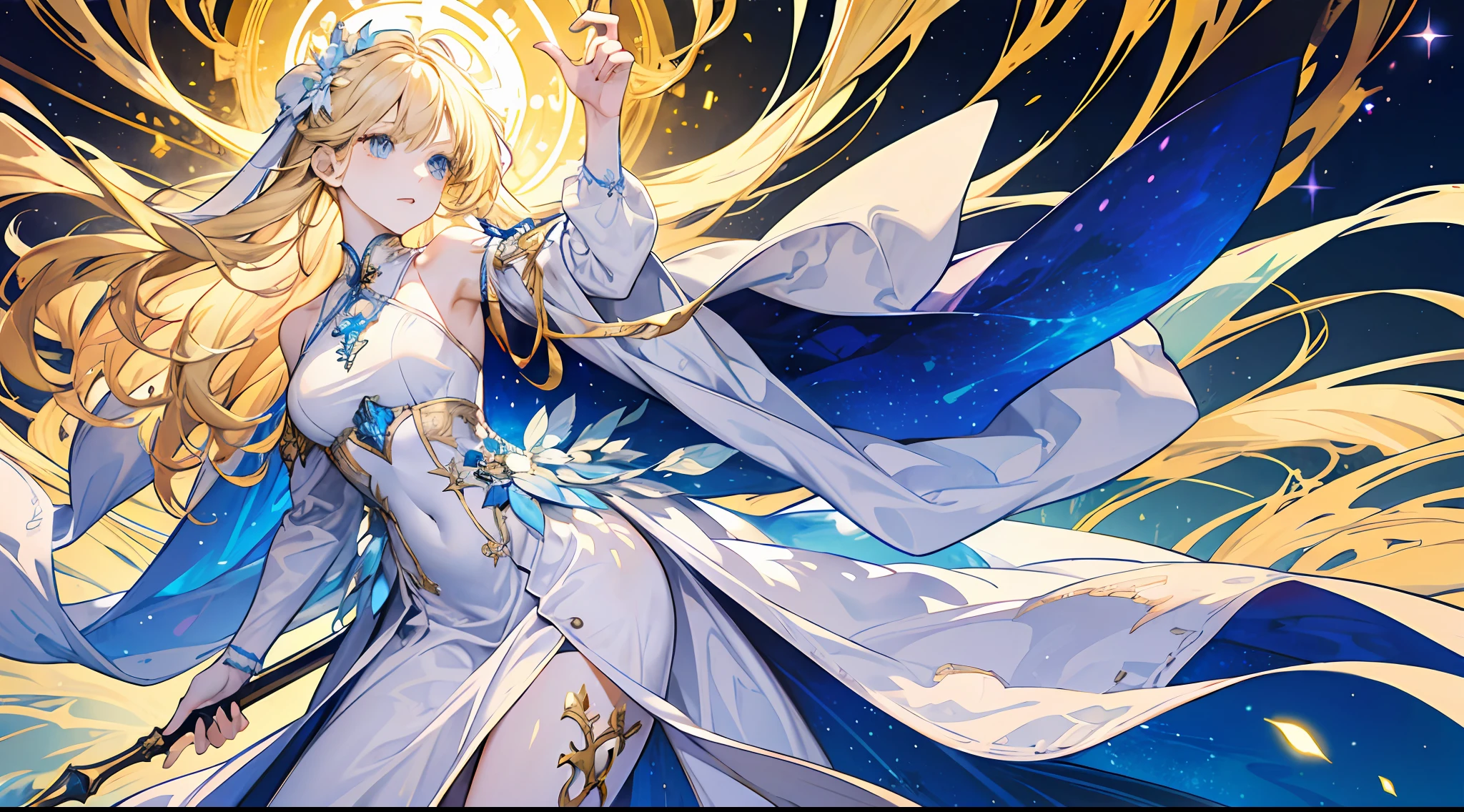 A ***********, beautiful, otherworldly, elegant, full body, long blonde hair, simple dress, white and blue long dress, extreme details, magic, golden streamers surrounding, angel coming, magic array, gods, holiness