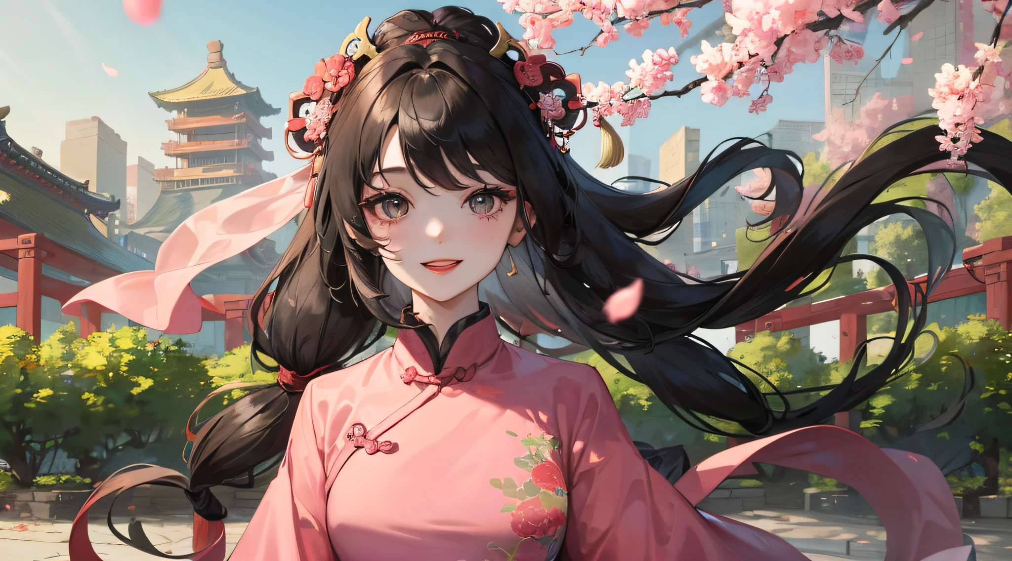 Masterpiece, Excellent, Daytime, Outdoor, 1 Woman Child, Solo, Cute, Chinese Style, Ancient China, Sister, Happy, Smile, Black Long Haired Woman, Black Eyes, Shawl, Bangs, Pale Pink Lips, Pink Clothes, In the Middle