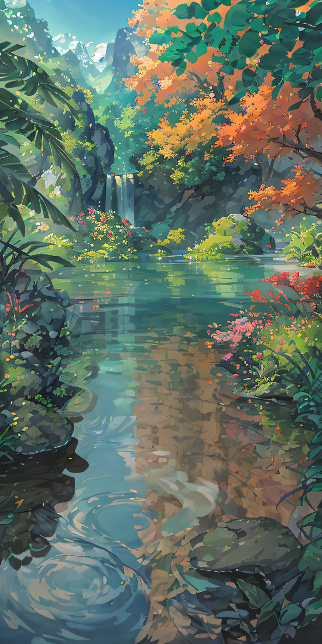 Chinese Antiquity, Summer, Jungle, Lake, Cave, Fish, Waterfall, Tree, Meadow, Rock, Hot Spring, Water Vapor, (Illustration: 1.0), Epic Composition, Realistic Lighting, High Quality, HD Detail, Masterpiece, Best Quality, Digital Painting, (Very Detailed CG Unified 8k Wallpaper)