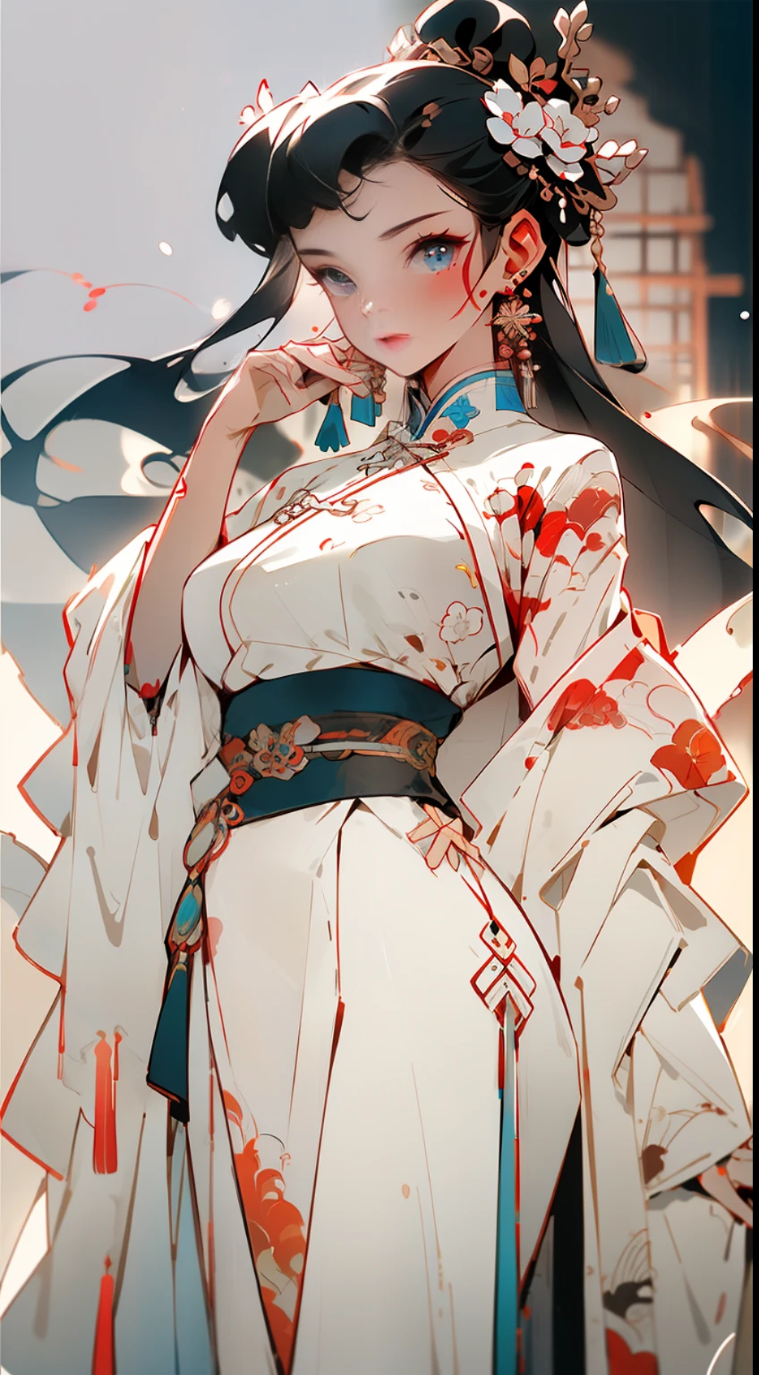 (Masterpiece, top quality, best quality), ((Wuxia World, Xiuxian, Chinese martial arts,)), (1 girl solo), (full body), (gentle eyes), (ancient Chinese clothes, cyan robe, embroidered collar Uesugi, white large-sleeved shirt, streamers), (hairpin, long black hair), (Hanfu), light pink lips, (young), earrings, white skin, (clear facial features, detailed skin texture, beautiful face, facial highlights, waist up), color ink painting, splash color, sketch, denoising, splash ink, Dramatic, cinematic grade, white background, standing, slim figure, 8k uhd, SLR, soft light, high quality, high resolution, (very detailed CG unity 8k wallpaper)