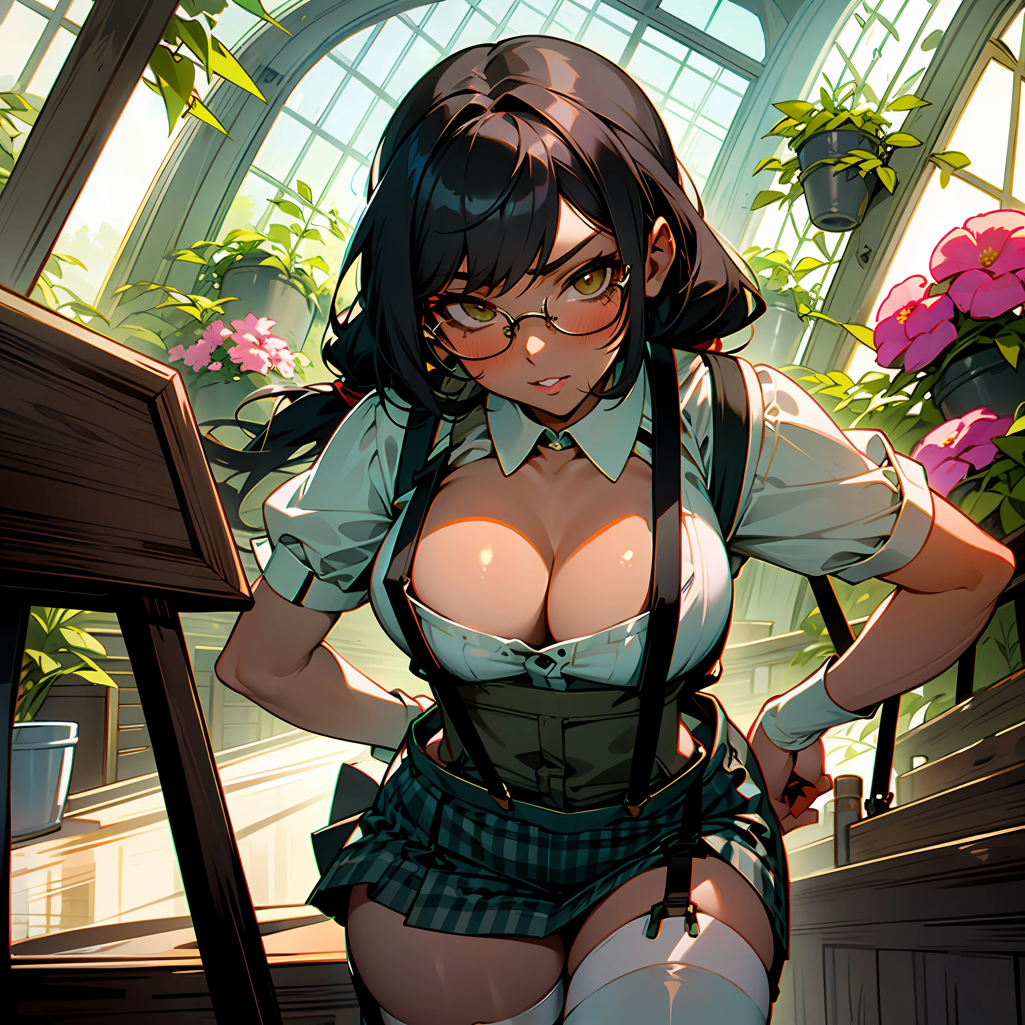 Masterpiece, highest quality, high resolution, extreme detail, 1 woman, 18 year old female with dark skin bent over a table, chest on table, dark skin, large breasts, dark lips, eye liner, blushing cheeks, long black hair in 2 very large pony tails, khaki gingham skirt, lace panties, white thigh high stockings, (suspenders:1.5), glasses, seductive look, looking at camera, 3/4 long shot, cowboy shot, greenhouse, flowers, next to large windows, stained glass windows,