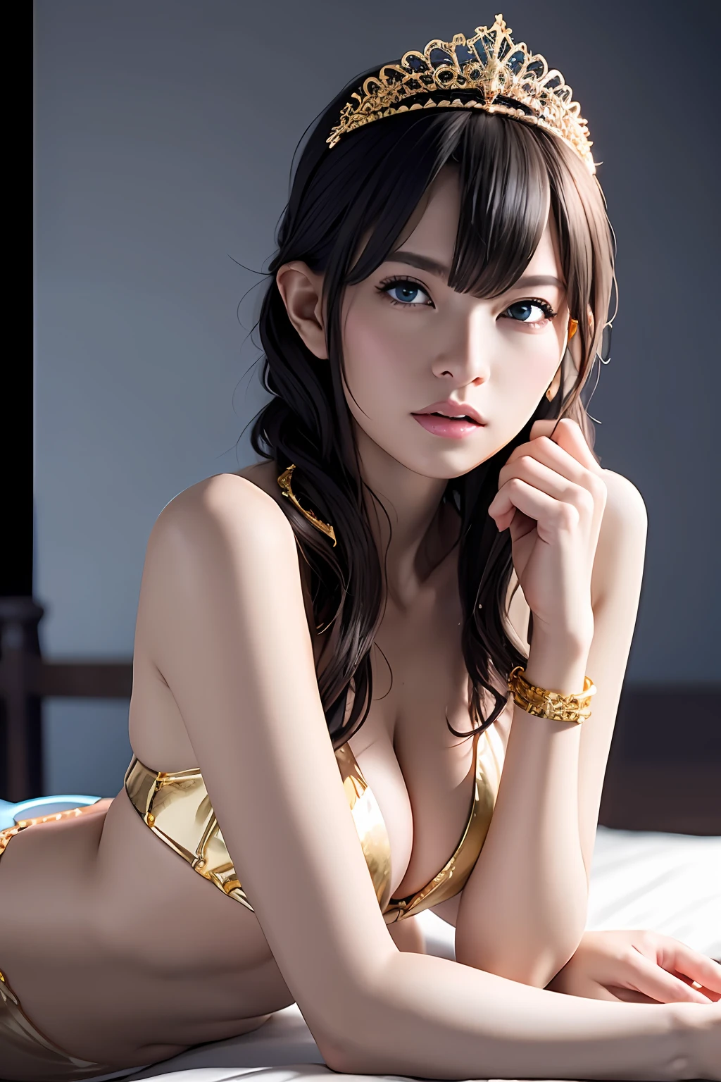 Ultra-detailed complex 3D rendering of the face, (masterpiece, top quality, octane rendering,), glamour shots full body image, very beautiful young elves, cleavage, (highly detailed skin: 1.2), (exposure: 1.1), ((blue micro bikini: 1.95)))). Filigree of a golden butterfly, 8K, (very soft breasts)), (noticeable big pink areola)), beautiful Caucasian woman with white skin with full soft breasts with big buttocks, one, long braided hair, big breasts, dynamic angle,((Huge breasts: 2.4)), ultra-realistic photos, (Silver hair)))), futuristic urban background, facial muscles, ((((Detailed and glamorous gold tiara)))) ), in the style of Marvel Comics, ArtStation Trends, Clear Focus, Intricate Detail, Very Detailed, Detailed Yellow Eyes, Very Detailed, Sharp Focus, Digital Rendering, Professional, Abs, Lip Gloss, Glossy Skin, Sexy Pose, Shot with Canon EOS R 6, ((Sexy Pose))), Bonytail, Bare Feet, Wet Skin, lying on the bed, opening the crotch, a seductive look,
