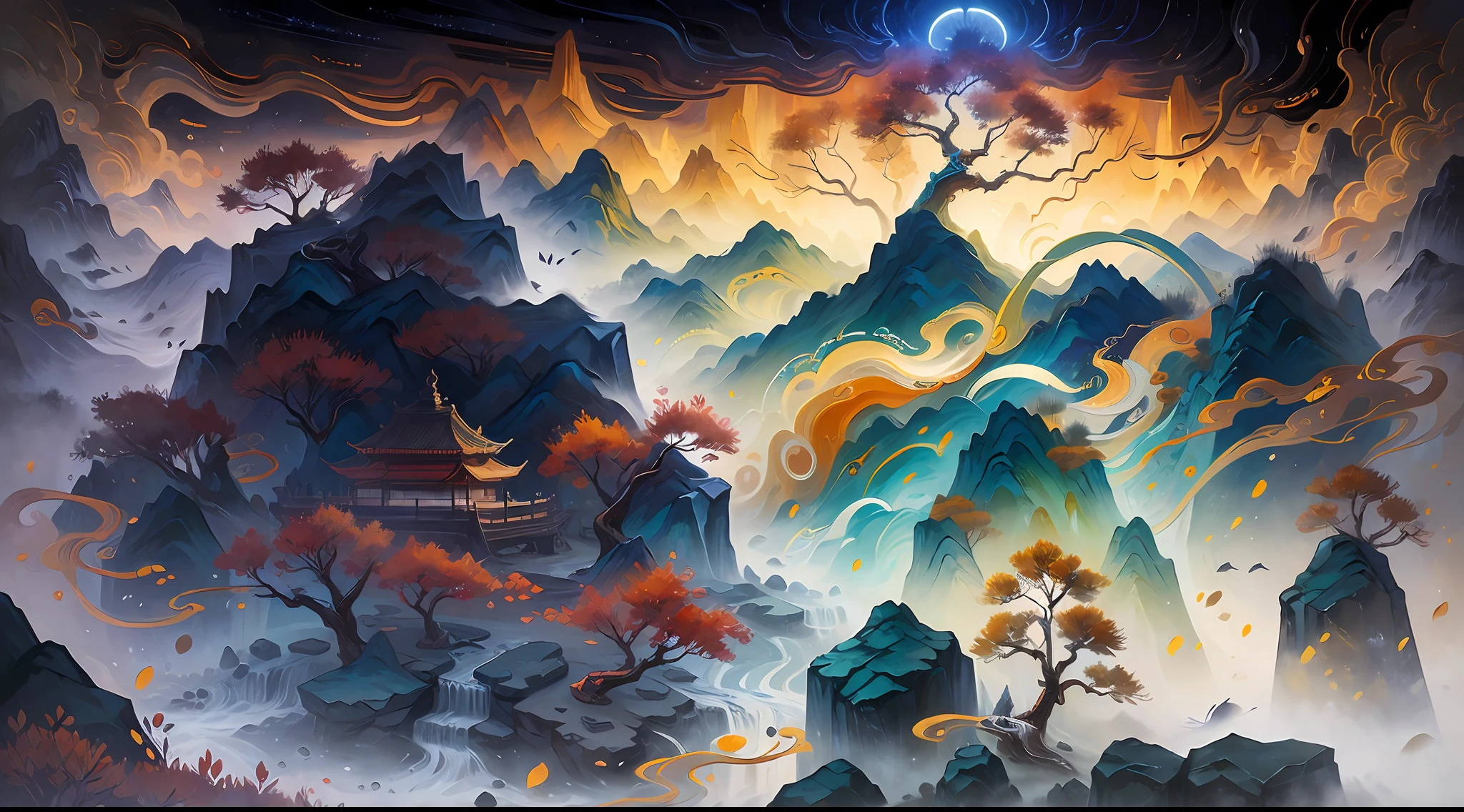(Best quality: 1.3), (Masterpiece: 1.3), (Realistic: 1.4), (Detail: 1.1) ancient Chinese painting, ancient Chinese background, majestic, mountains, rivers, auspicious clouds, (pavilions of different shapes: 1.4), sunlight, masterpiece, super detail, epic composition, ultra hd, high quality, extremely detailed, official art, unified 8k wallpaper, super detail, 32k -- v 6