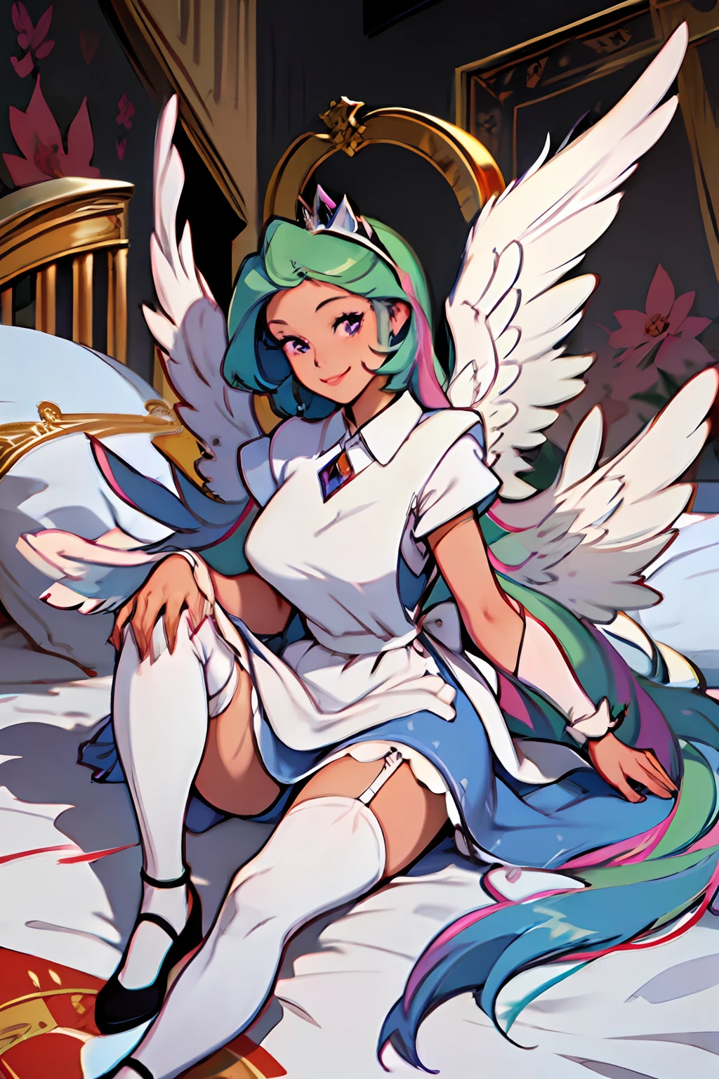 (masterpiece:1.4), (best qualit:1.4), (high resolution:1.4), blue dress, white apron, black hairband, smile, looking at viewer, Celestiahuman, Princess Celestia from my little pony, Princess Celestia in the form of a girl, in white bloomers, big breasts, lush breasts, voluminous breasts, elastic breasts, on the bed, legs apart, you can see the whole body, linen shines through,  heels, feet, five fingers, detailed hands, Big white angel wings behind the back, white feathers