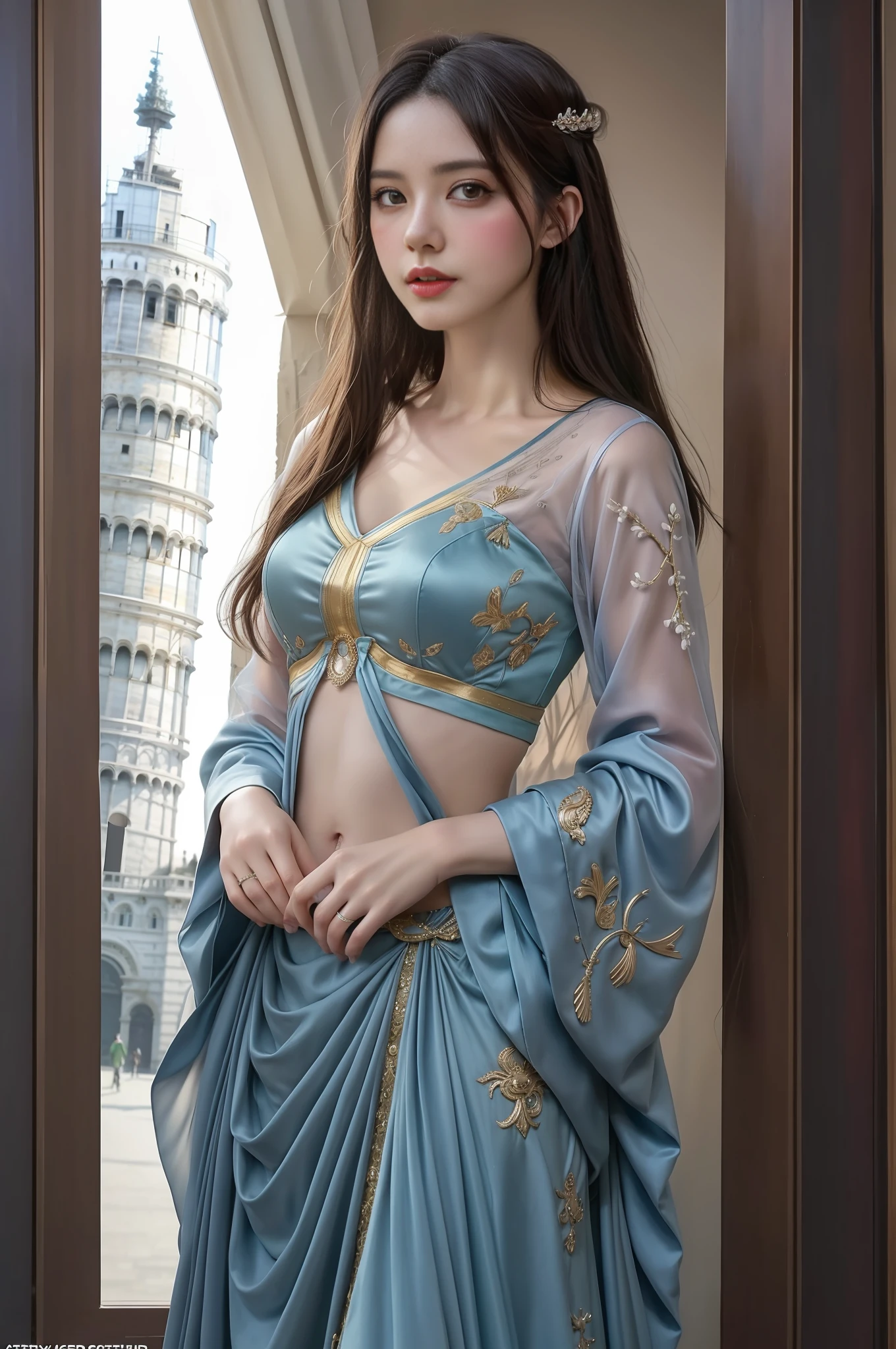 modelshoot style, (extremely detailed CG unity 8k wallpaper),full shot body photo of the most beautiful artwork in the world, stunningly beautiful photo realistic cute women intricately detailed costume, navel,princess eyes,(Leaning Tower Of Pisa background), professional majestic oil painting by Ed Blinkey, Atey Ghailan, Studio Ghibli, by Jeremy Mann, Greg Manchess, Antonio Moro, trending on ArtStation, trending on CGSociety, Intricate, High Detail, Sharp focus, dramatic, photorealistic painting art by midjourney and greg rutkowski