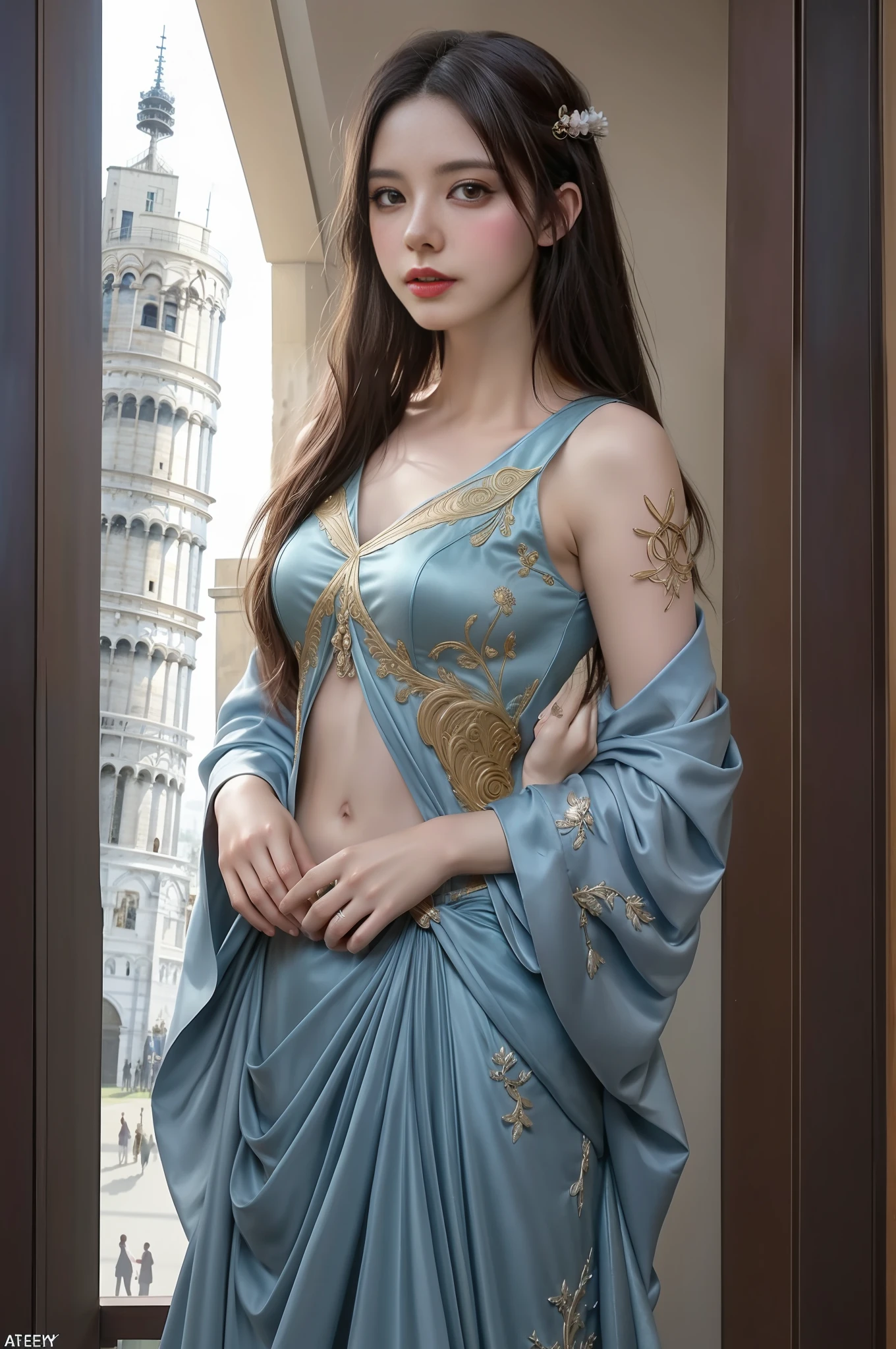 modelshoot style, (extremely detailed CG unity 8k wallpaper),full shot body photo of the most beautiful artwork in the world, stunningly beautiful photo realistic cute women intricately detailed costume, navel,princess eyes,(Leaning Tower Of Pisa background), professional majestic oil painting by Ed Blinkey, Atey Ghailan, Studio Ghibli, by Jeremy Mann, Greg Manchess, Antonio Moro, trending on ArtStation, trending on CGSociety, Intricate, High Detail, Sharp focus, dramatic, photorealistic painting art by midjourney and greg rutkowski