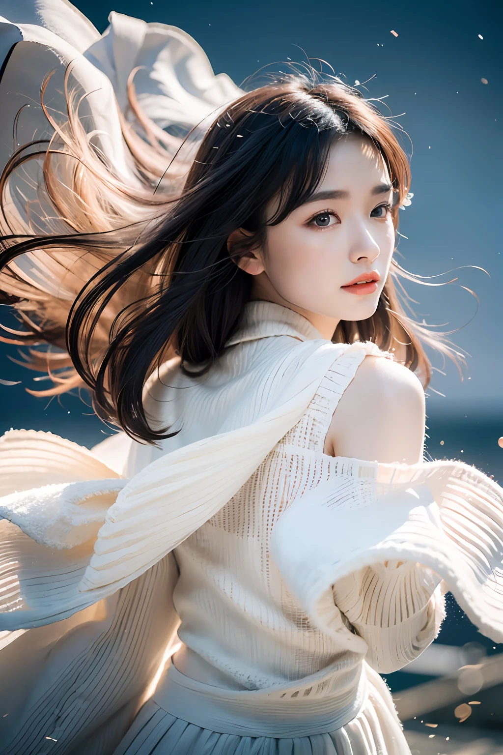 (Masterpiece, Top Quality, Best, Official Art, Beautiful and Aesthetic, Long Exposure: 1.2), Smooth Movement, Captivating Pattern, 1 Girl, (Long skirt with sleeves: 1.3), (((White clothes))), Upper body close-up, No shoulders, Chinese girl, blush, black lob hair, portrait, solo, upper body, gaze observer, detailed background, detailed face, (crystallineAI, crystalline theme: 1.1), Elements in the background wind elf, swirling wind, control wind, white crystal clothes, dynamic pose, floating particles, ethereal power, whirlwind, vapor, whirlwind in background, white tone, whirlwind, ethereal atmosphere,