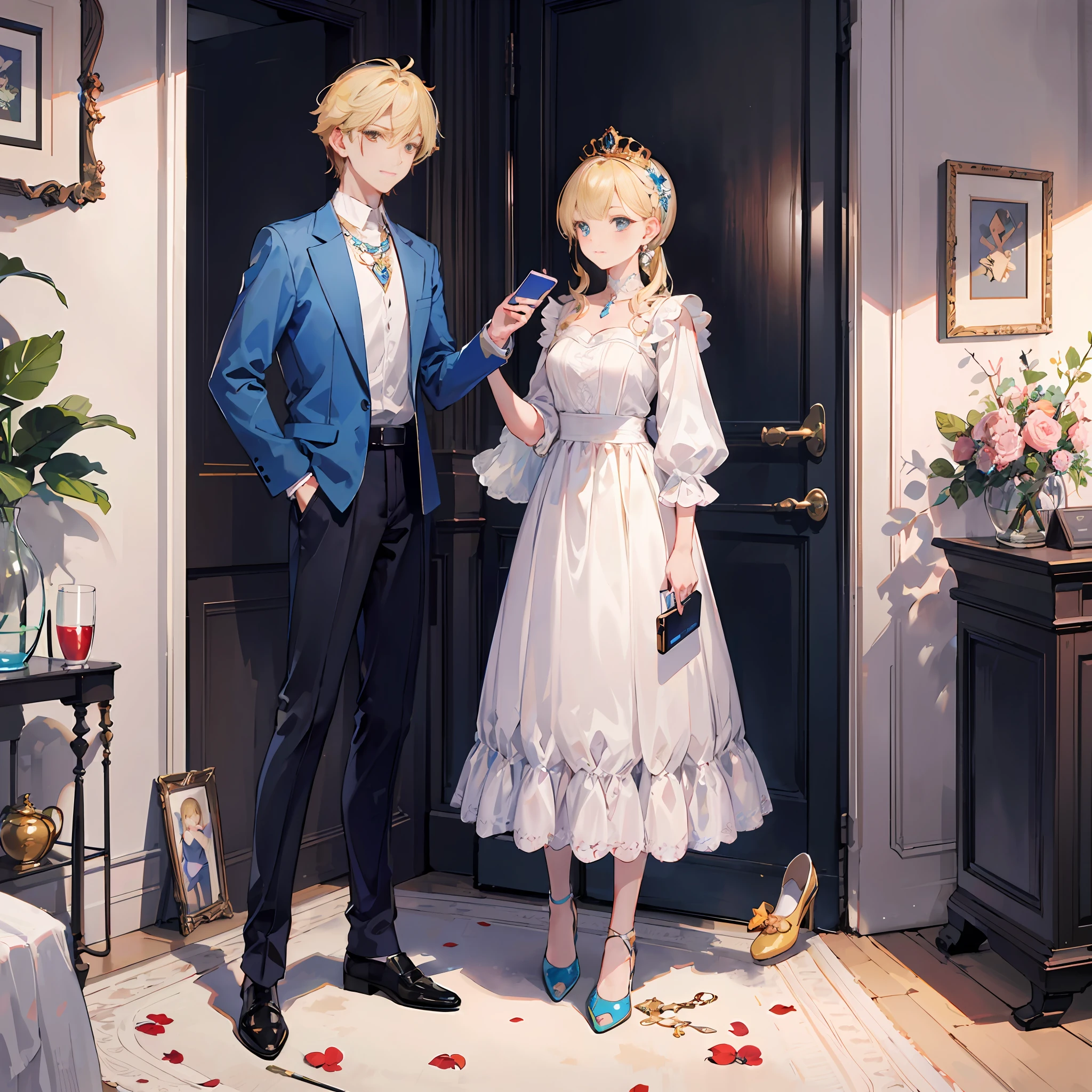 (top quality, super detail: 1.1),
Cinderella, holding a smartphone, in a city apartment, prince 👑 standing next to her, blonde, wearing ragged clothes, glass shoes